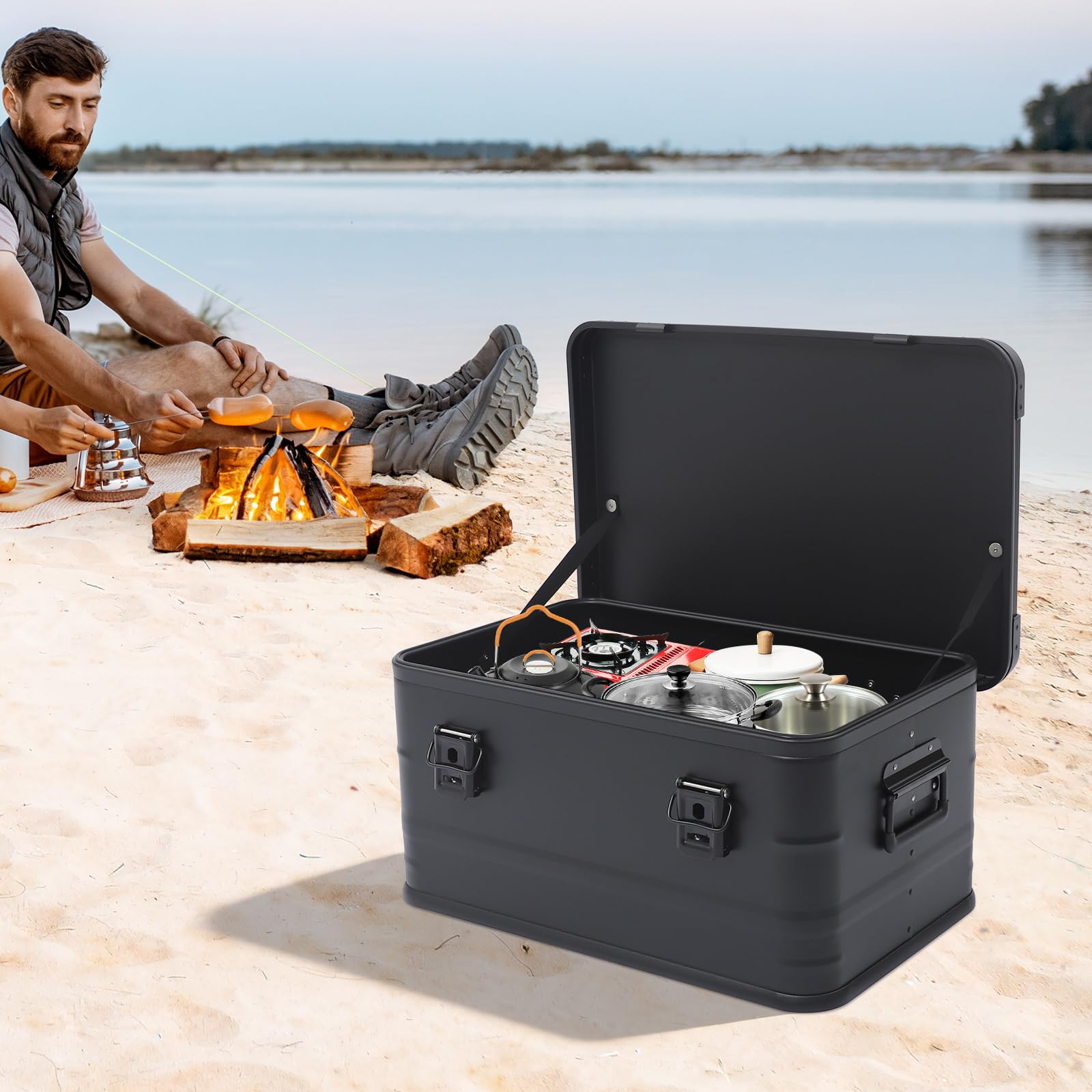 Aufbewahrungsbox mit Deckel 50L, Camping Transportbox Aluminium Wasserdicht, Stapelbar Metallbox Verschlussclips, stoßfest mit Dichtung, Outdoor Kiste für Camping, Angeln, Auto, Werkstatt