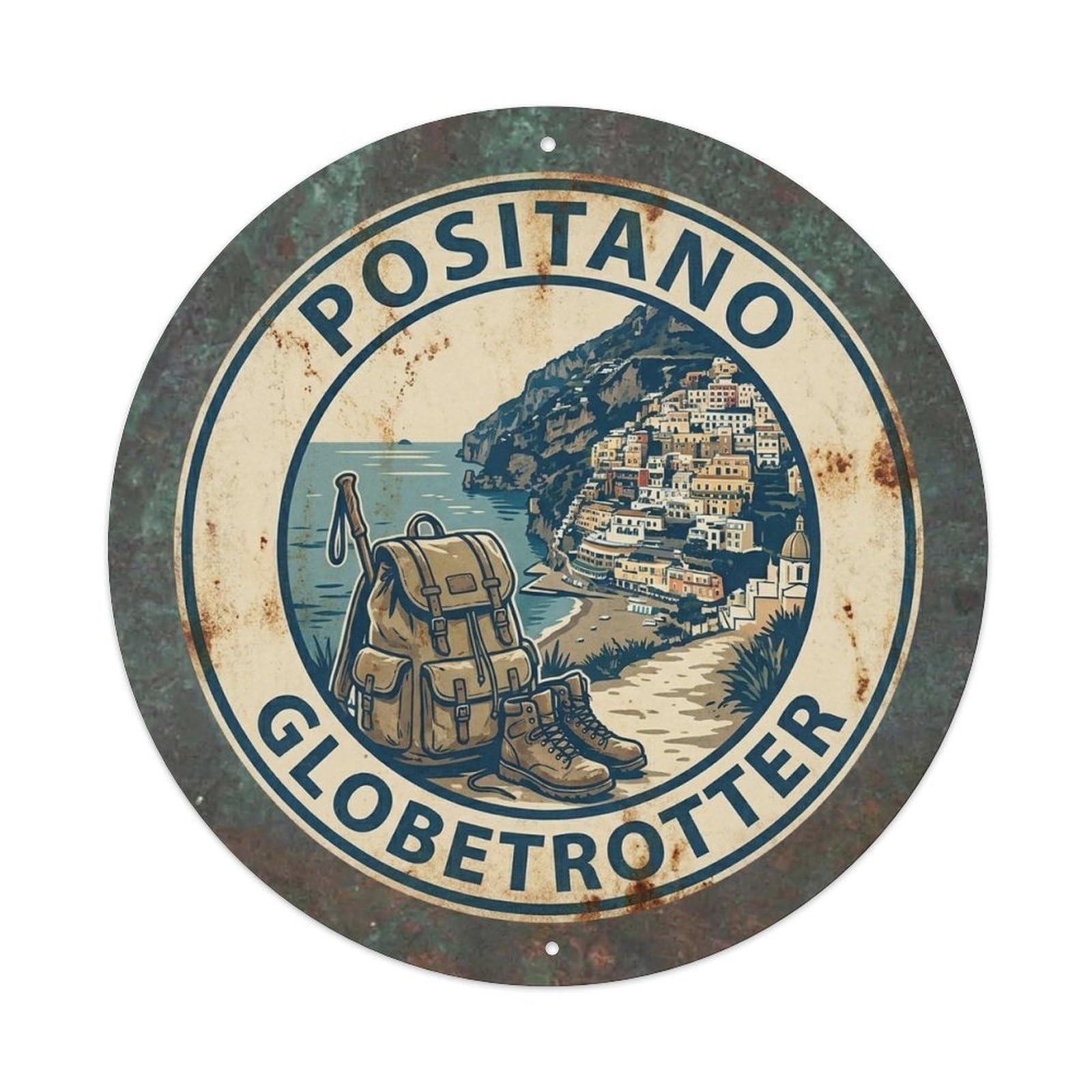 Classic Positano Italy City Backpacker Scenic Landmark Metal Tin Sign Plaque Wall Decor for Cafe, Man Cave, Club Bar, Office, Home Garden Round Metal Poster 8x8Inch