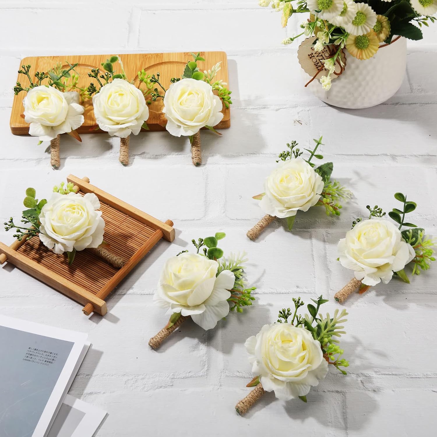 Jexine 36 Pcs White Corsage and Boutonniere Set Includes Wrist Corsage Wristlet and Ivory Boutonniere for Men Wedding Flower Bracelet Homecoming for Wedding Ceremony Prom Suit Decorations