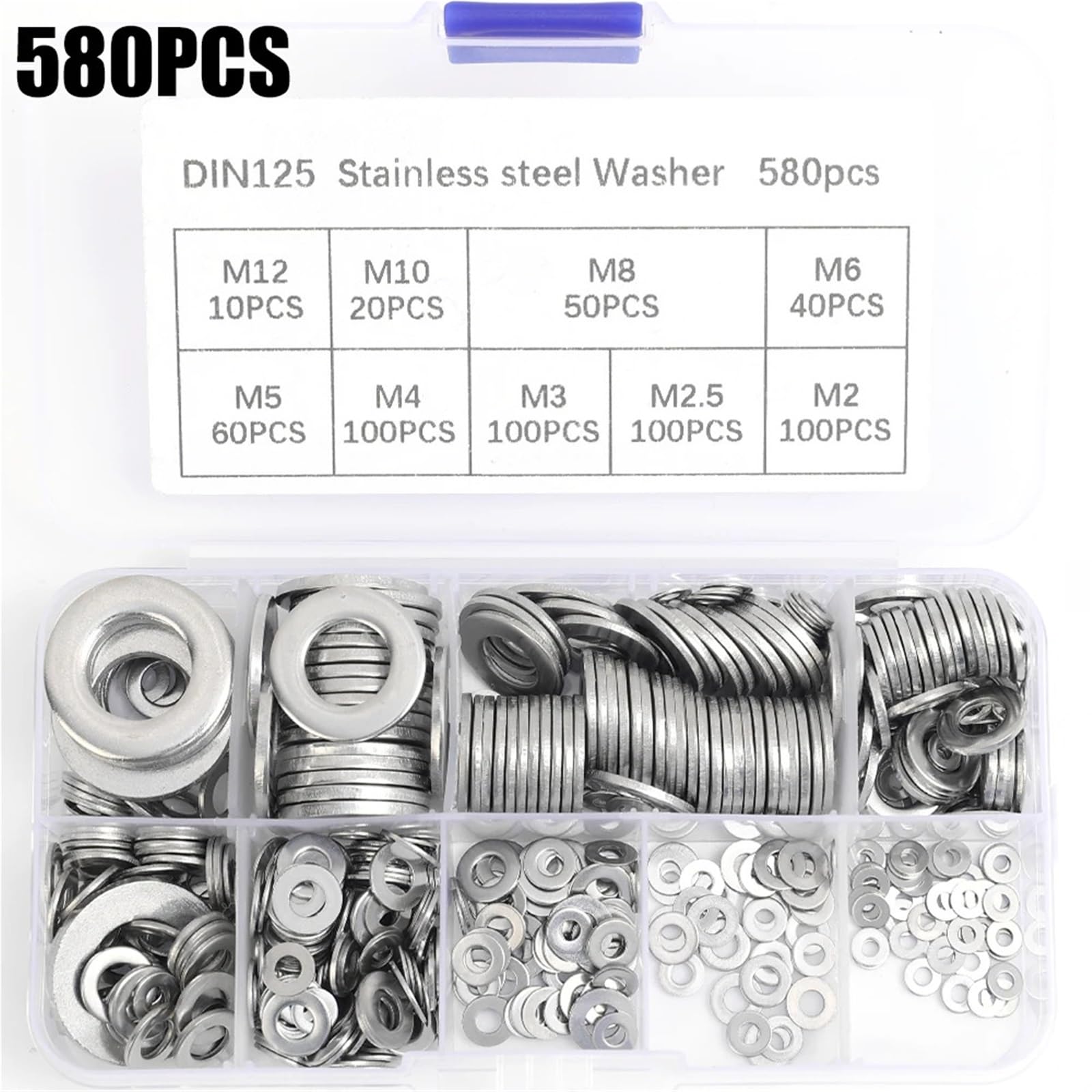 360/580/684/900/1080 Piezas Juego De Arandelas Planas Acero Inoxidable M2-M16 Pernos Junta Tórica Juntas Lisas Kits para Tornillos(580Pcs with box)
