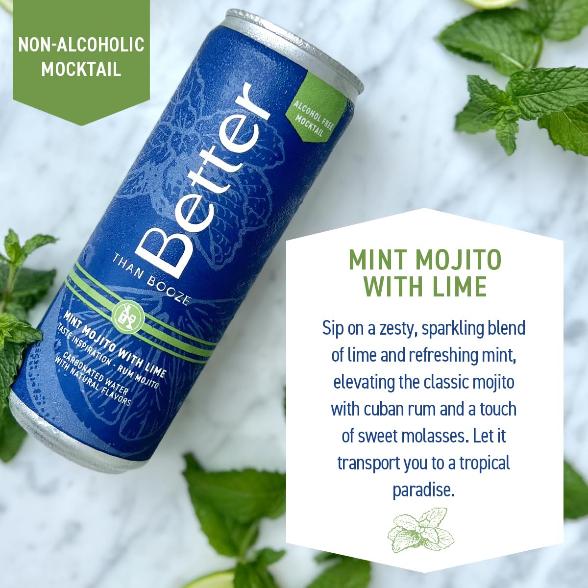 Better Than Booze Mocktails Non-Alcoholic Drinks | Alcohol Alternative Beverages, Ritual Zero Proof | Enjoy Your Drink Moment with Our Alcohol Free Drinks, Mint Mojito with Lime, 12 Fl Oz Each, 4 Pack