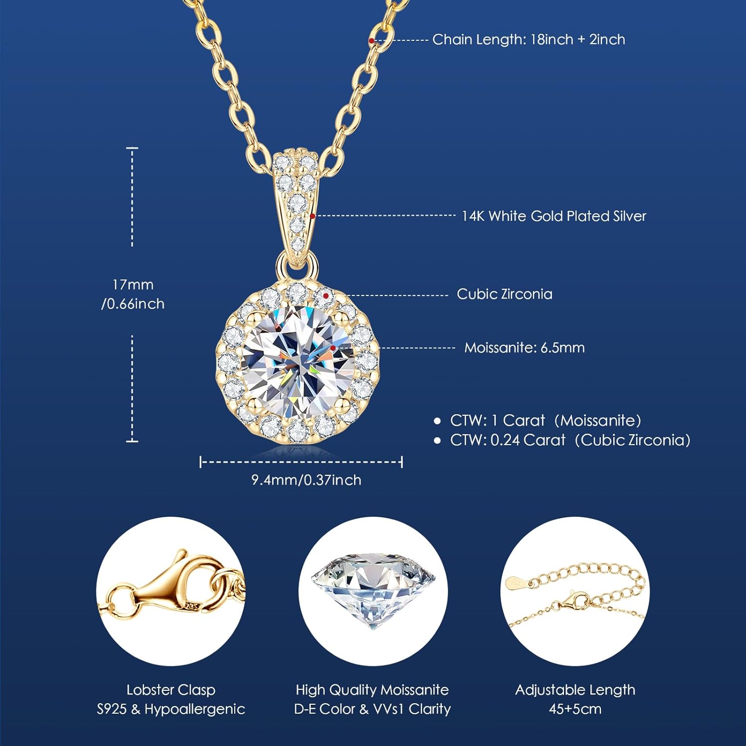 AINUOSHI Moissanite Necklace for Women - 925 Sterling Silver Moissanite Halo Pendant Necklace D Color VVS1 Clarity, White Gold Plated Dainty Necklace Jewelry Gifts for Wife Girlfriend Mom - Image 2