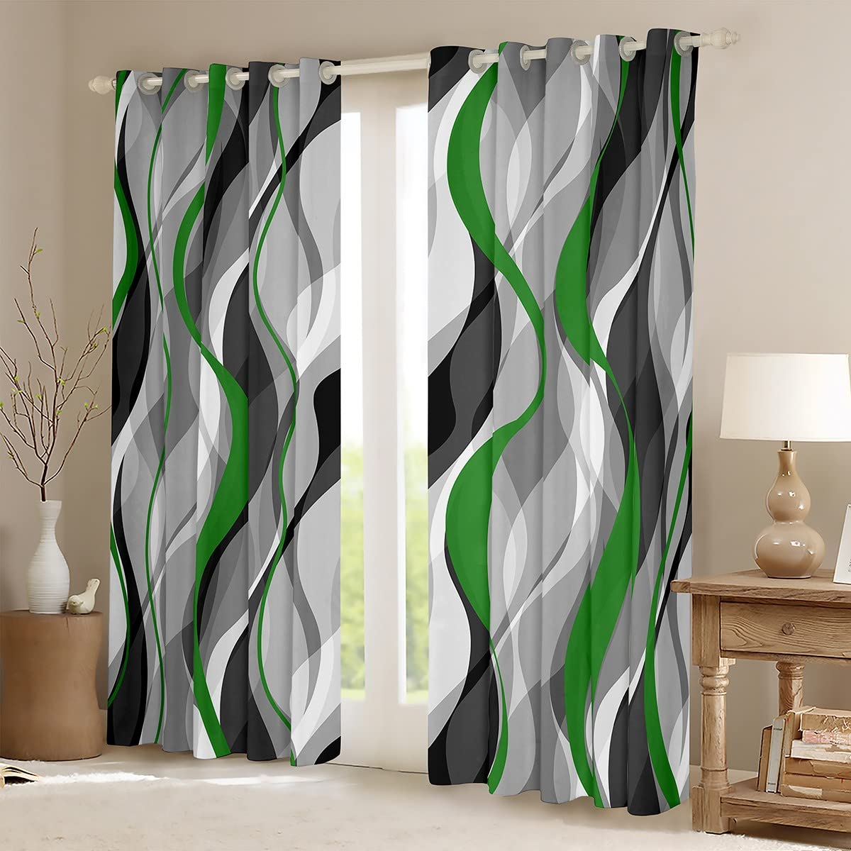 Loussiesd Green Grey Black Stripes Curtains for Bedroom Living Room Kids Geometric Blackout CurtainsDreapes Modern Striped Art Abstract Art Window Treatments W66*L72 - Image 2