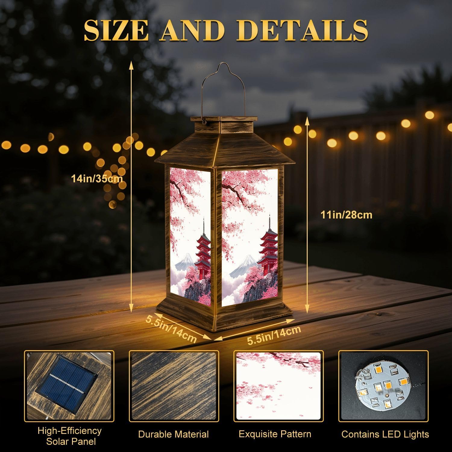 Solar Lantern Outdoor Waterproof Japanese Pagoda Cherry Blossoms Mount Garden Decor LED Hanging Solar Lights Tabletop Lamp Gifts for Women Mom Outside Yard Patio Porch
