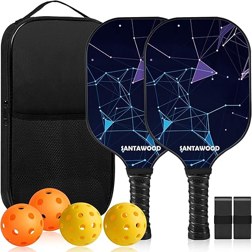 Juego de 2 palas de pickleball de fibra de vidrio, 2 raquetas de pickleball, 4 bolas, 2 agarres y 1 bolsa de transporte portátil, paquete de 2