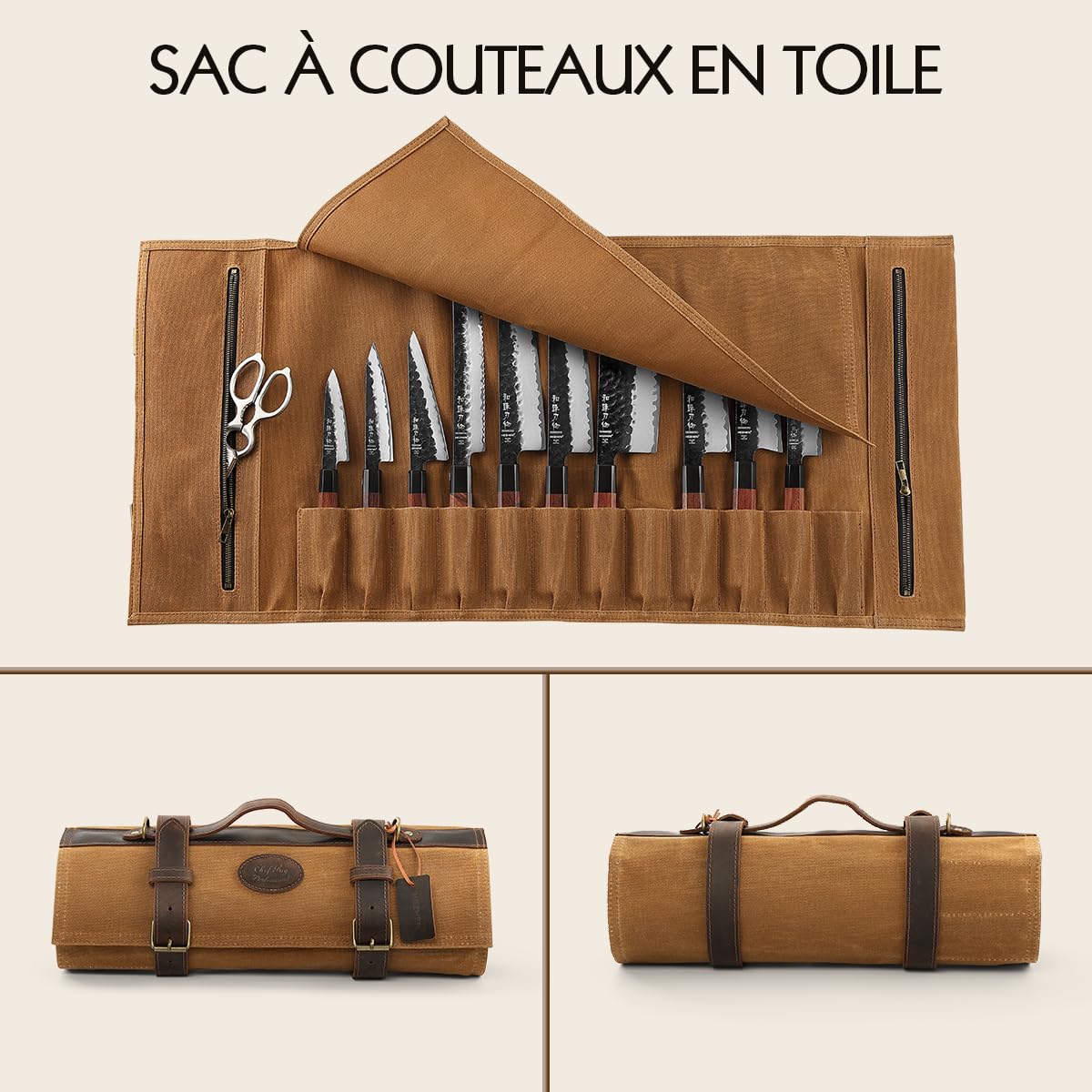 HEZHEN Sac à Couteaux de Chef，Rouleau de Couteau (sans Couteau)-Jaune Brun | 16oz Huile Ciré Toile, Imperméable,Bandoulière Réglable,12 Fentes & 2 Poche Zip, Portable Sacoche pour Rangement Couteau