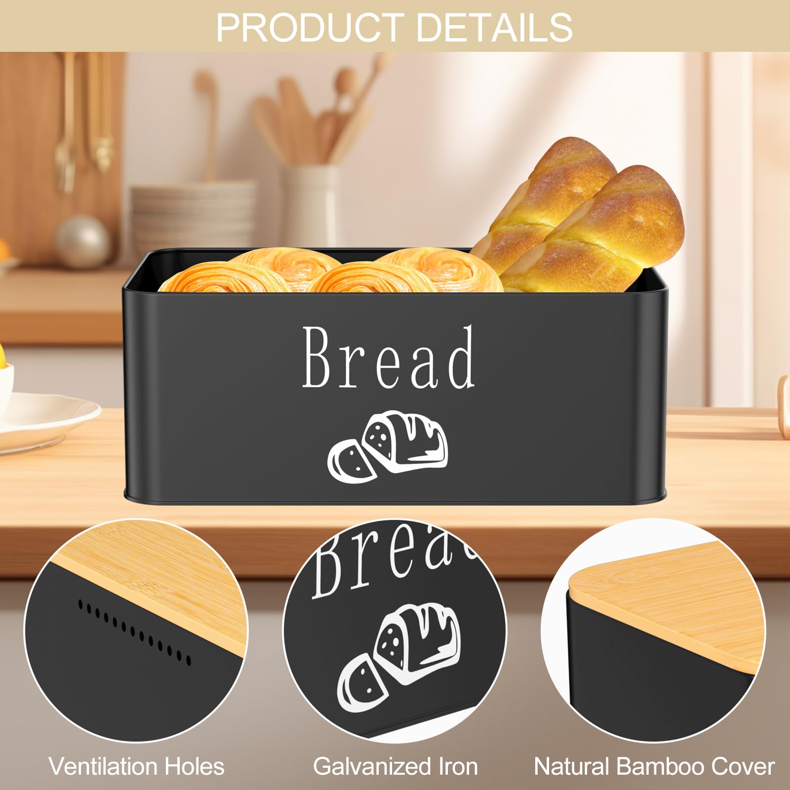 Portapane, Cassetta per Pane, 2 in 1 Portapane in Metallo con Coperchio in Bambù, Può Essere Utilizzato Come Tagliere, per Una Freschezza Duratura, 33x18,4x13cm (Nero)