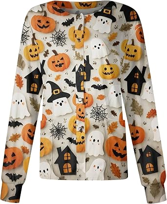 Printed Scrub Jackets for Woman Print Long Sleeve Plus Size Womens Scrubs for Women Nursing Jacket with Pockets