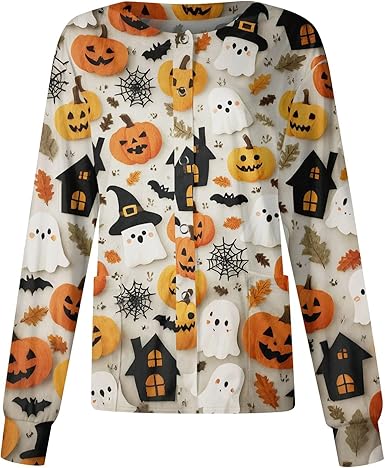Printed Scrub Jackets for Woman Print Long Sleeve Plus Size Womens Scrubs for Women Nursing Jacket with Pockets