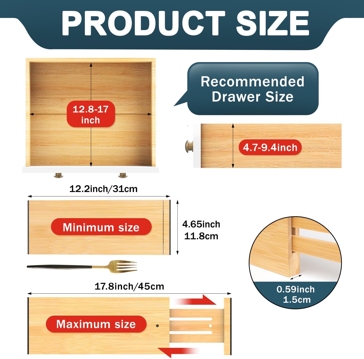Lzerking Dresser Drawer Organizers 4.65" High, Adjustable from 12-17.5" Bamboo Deep Drawer Dividers, Expandable Organization for Clothes, Dressers, Bedroom, Kitchen Storage
