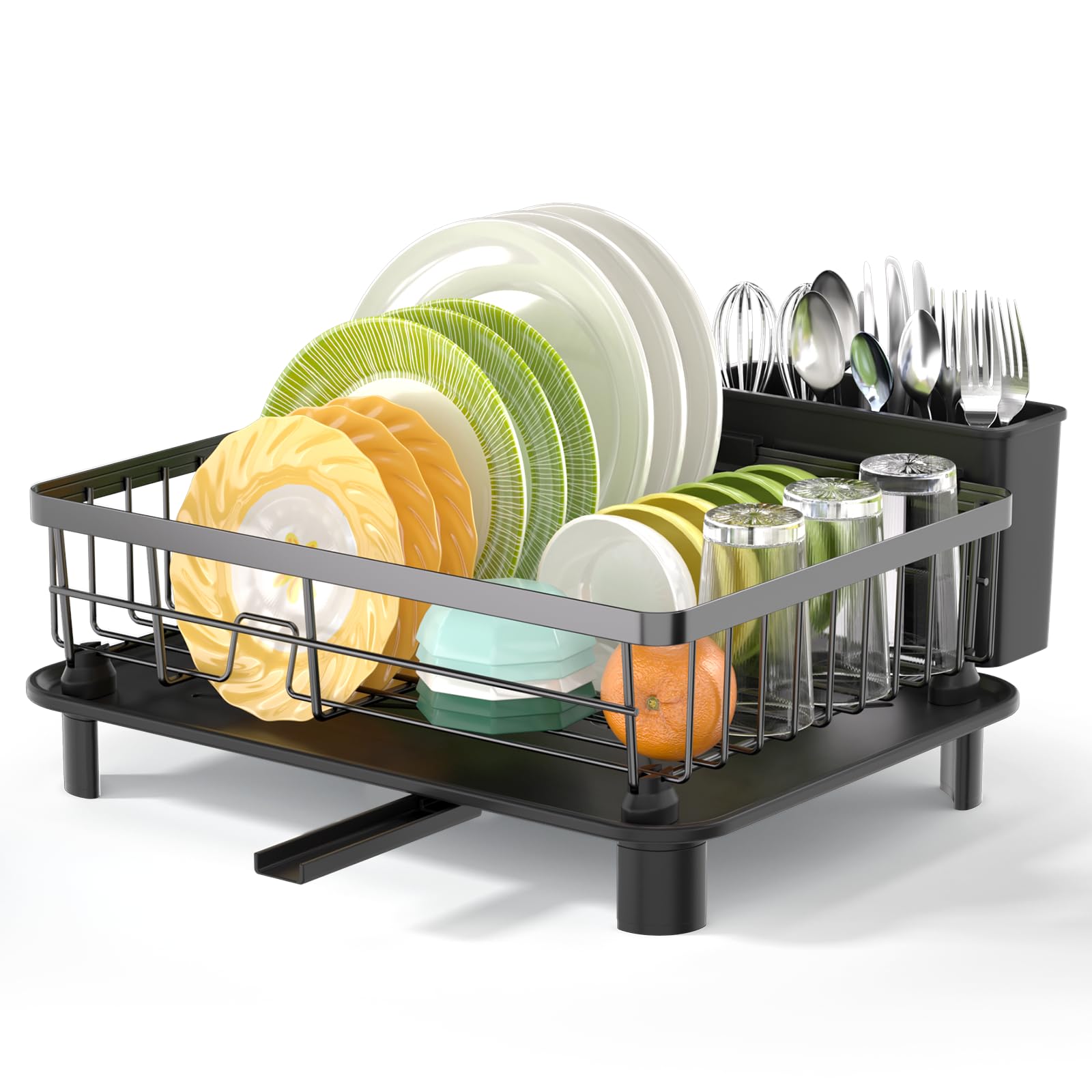 Dish Drying Rack, Space-Saving Dish Rack for Kitchen Counter, Anti-Rusty Stainless Steel Dish Drainer with Utensil Holder, escurridor de platos for Kitchen (Black)