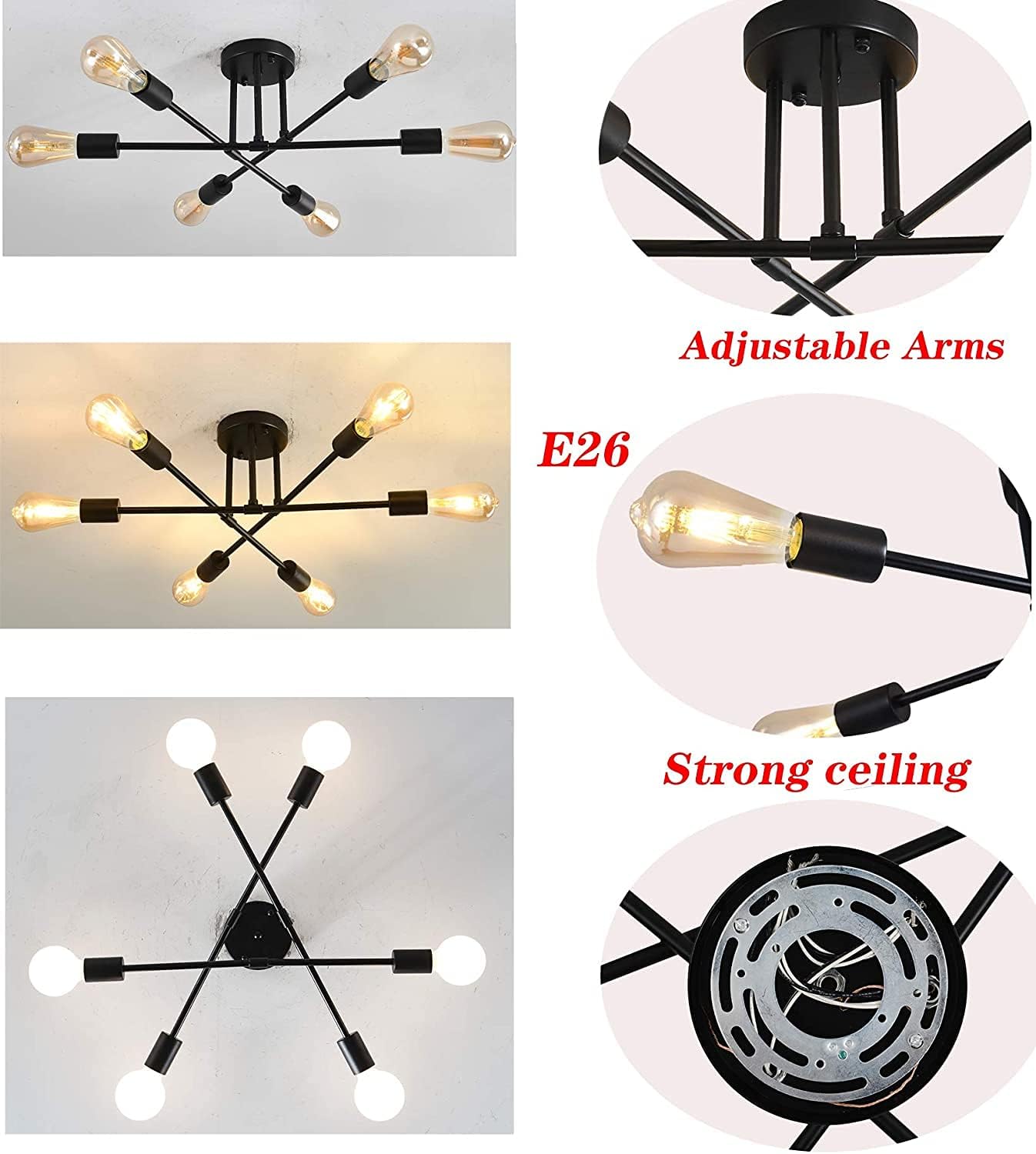 Bеѕt Prоmо Semi Flush Mount Ceiling Light , E26 Sputnik Chandelier Lighting 6-Lights Kitchen Flush Mount Light Fixture for Dining ,Room Living ,Room Bedroom, Foyer