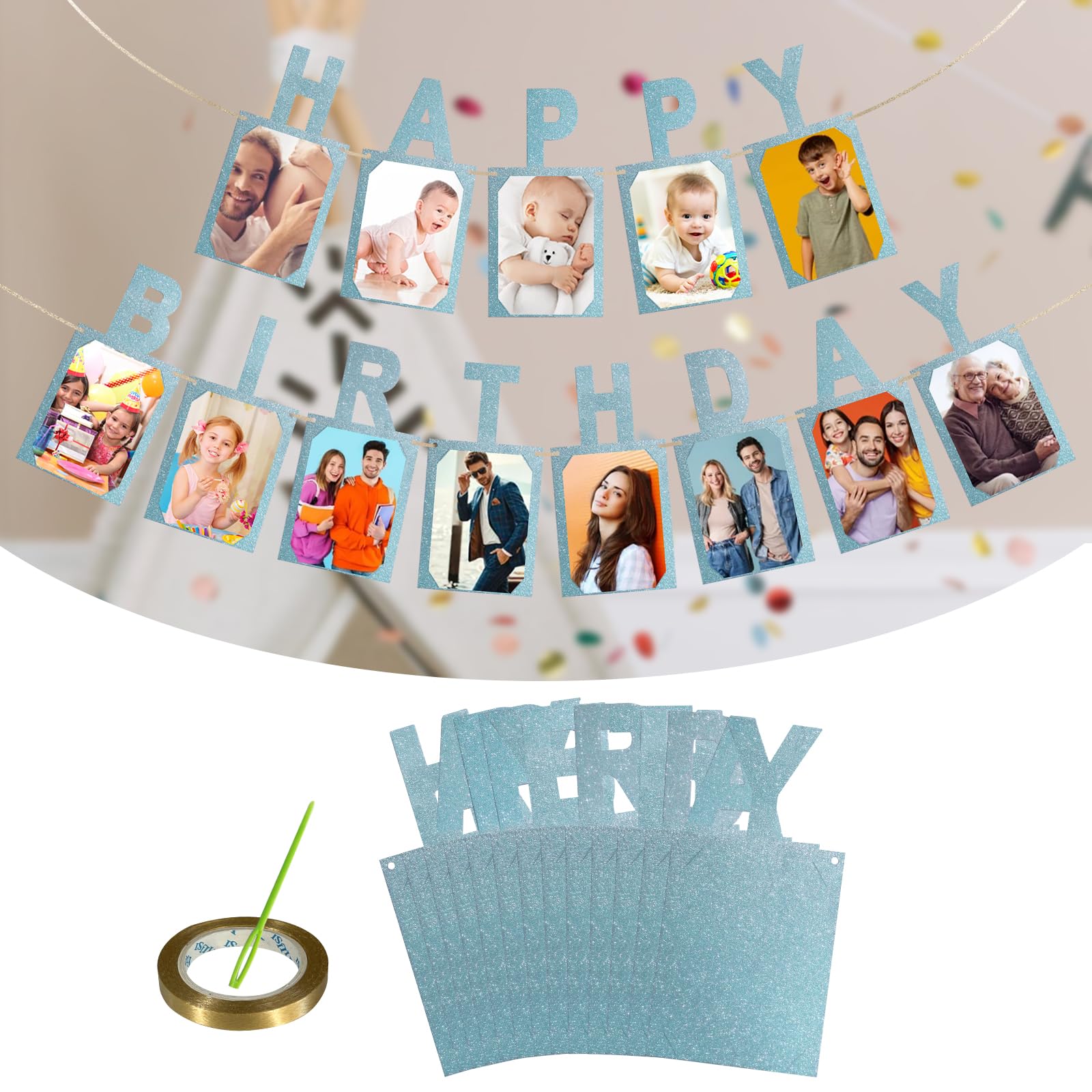 Birthday Photo Banner, Suitable for Kids and Adults Birthday Party Decoration, Annual Milestone Blue Happy Birthday Banner (blue)