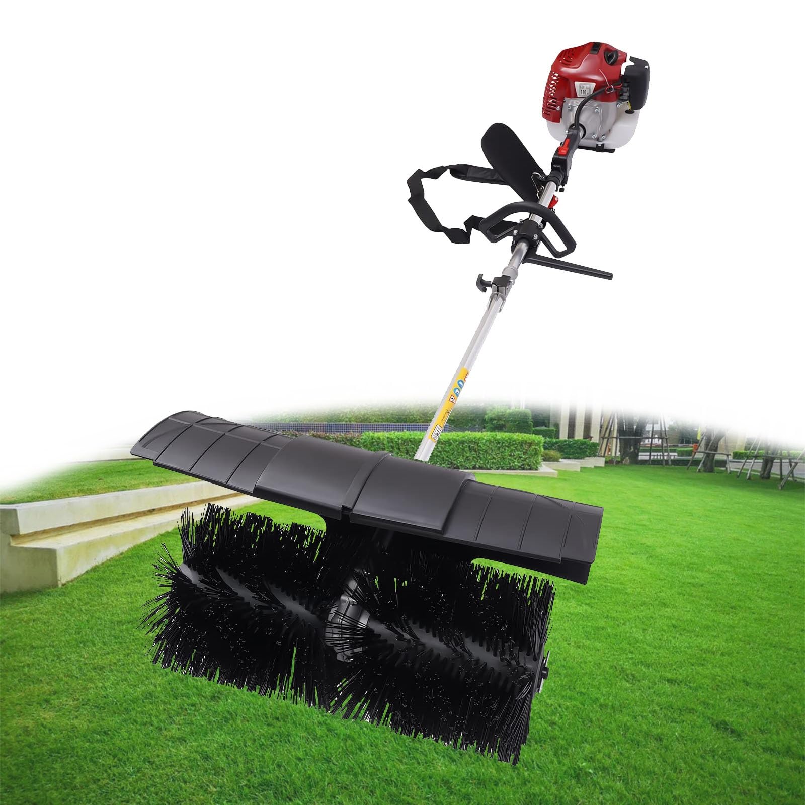 Zamiatarka pchana z silnikiem dwusuwowym benzynowym o pojemności 52 cm3 i osłoną ochronną, o mocy 1700 W i mocy 2,3 KM, do czyszczenia trawników, opadłych liści, sztucznej trawy i żwiru.