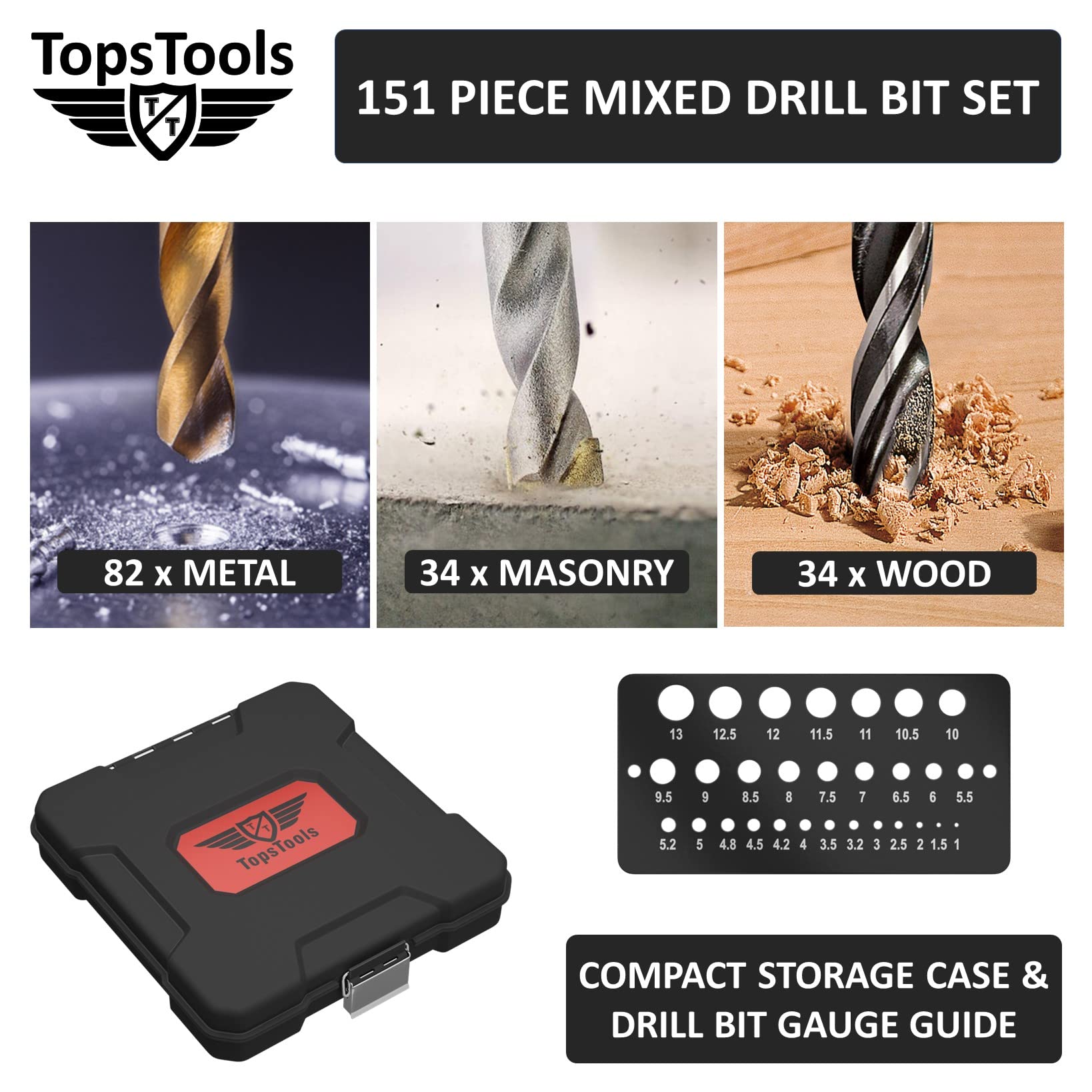 TopsTools 151pcs TT151TW 1mm 10mm Legno Cemento Mattone Punte trapano | Mixed HSS, carbide masonry e brad-point legno bits offrono durevole foratura across metallo, masonry, legno e plastica