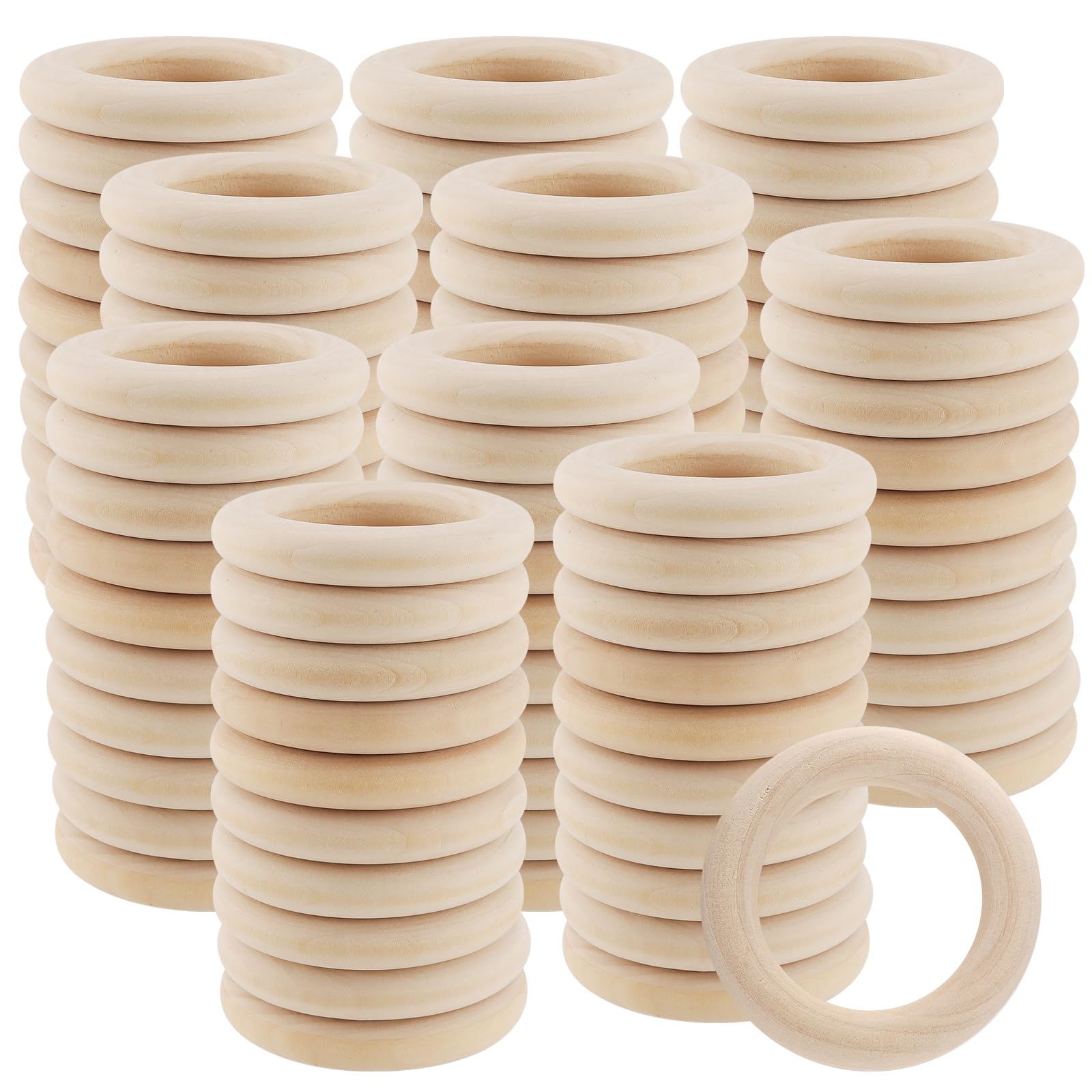 KOHAND 100 PCS 55mm Natural Wooden Rings, Unfinished Smooth Wood Loop, Round Craft Hoops for DIY Jewellery Making, Macrame, Pendant Connectors