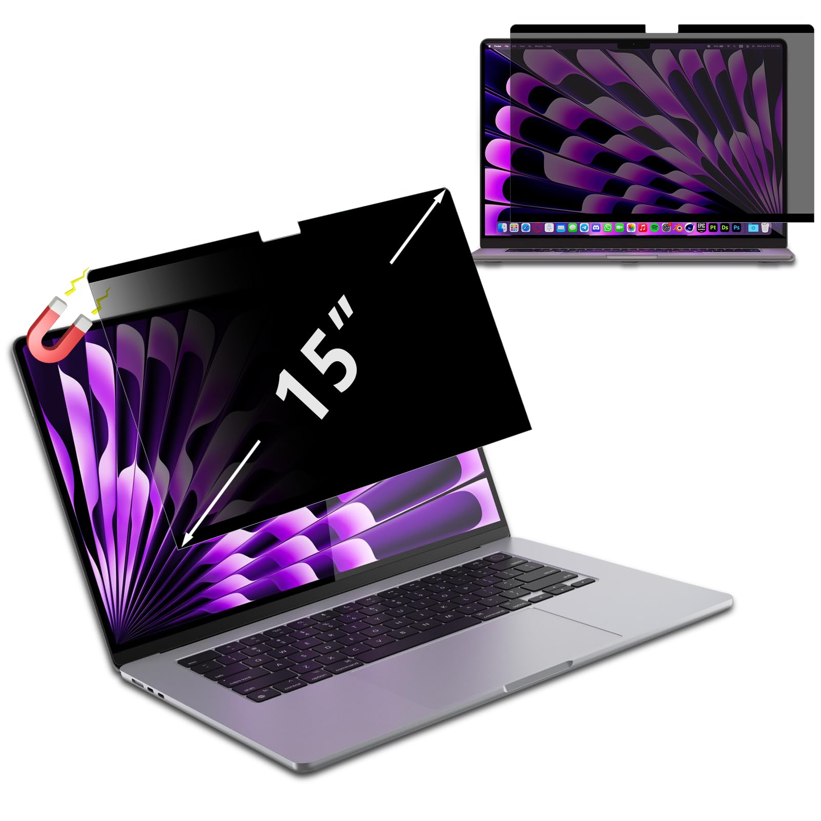 LanQii Magnetyczny filtr prywatności do MacBook Air 15" M2/M3 (2023/2024), filtr prywatności, filtr antyodblaskowy, ochrona danych, zdejmowana folia ochronna antyszpiegowska do MacBook Air 15 cali