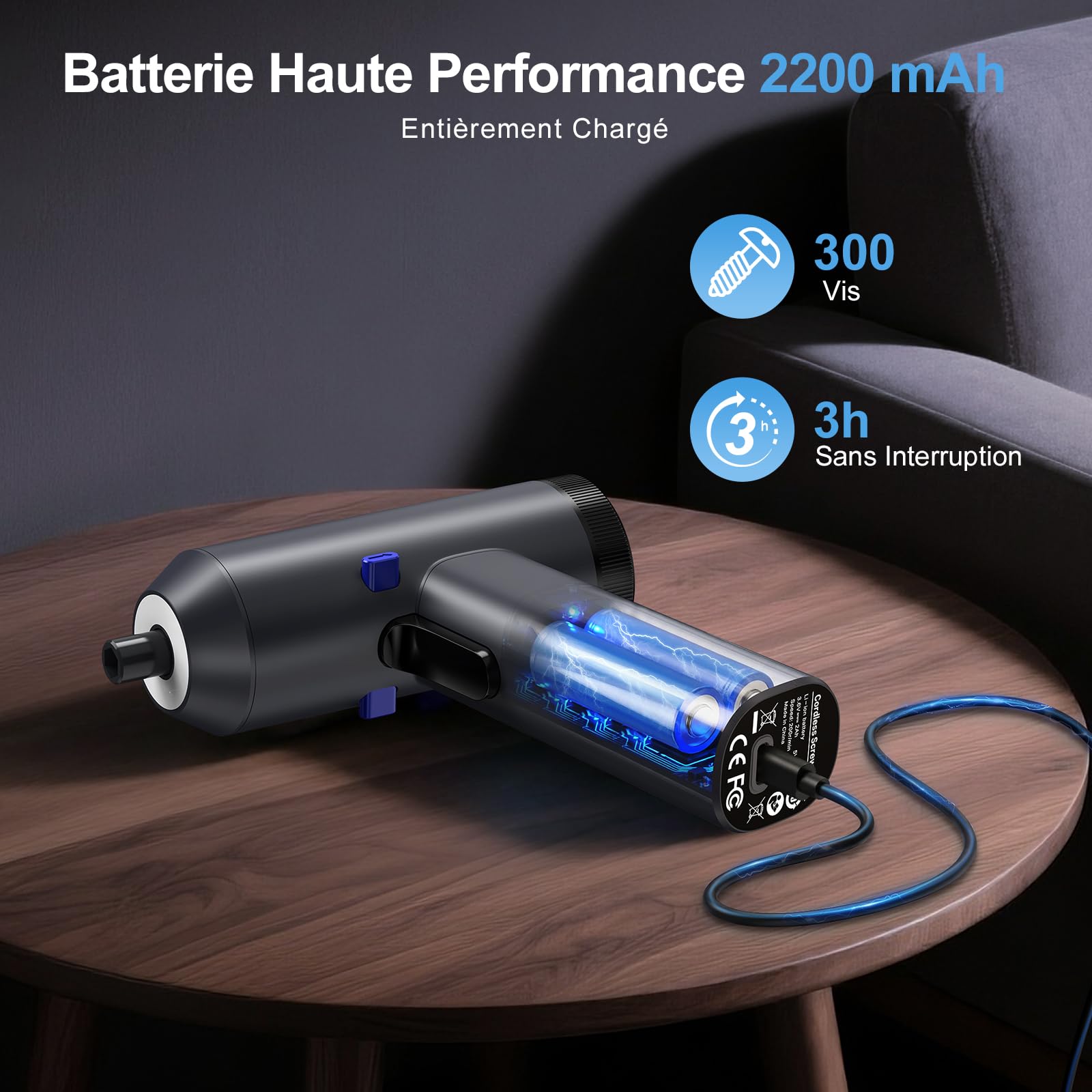 HYCHIKA Tournevis Électrique Sans Fil 6 Nm,2200mAh Compacte Perceuse Visseuse 7 Réglages,Rechargeable USB avec Écran LED,Mini Visseuse Dévisseuse Kit,Embouts pour Réparation Électronique,et Maison