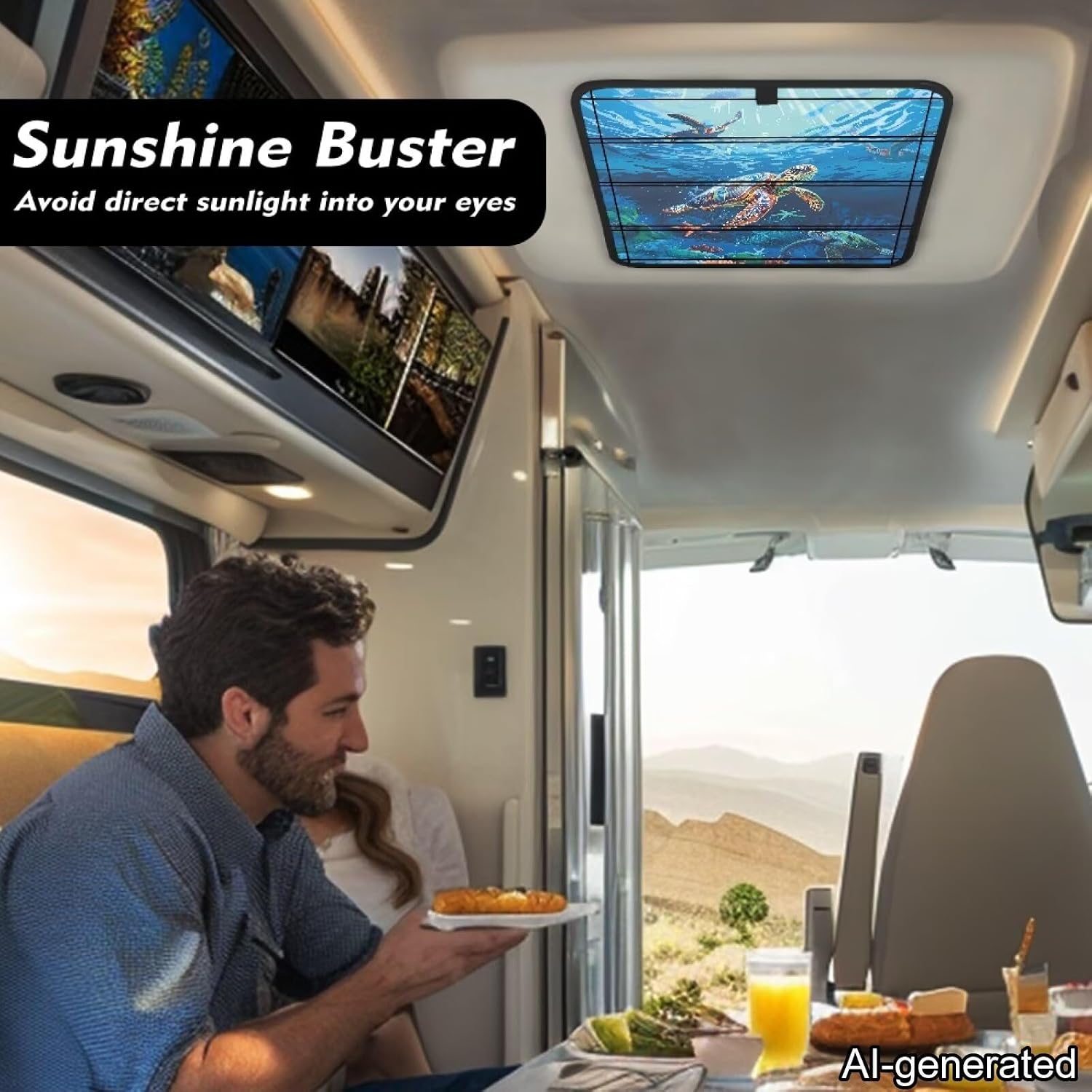 Foldable RV Skylight Window Shade Cover 16" x 16" Blackout RV Window Coverings for Inside Camper UV Protection Travel Trailer Accessories Interior,Underwater Sea Turtle Design