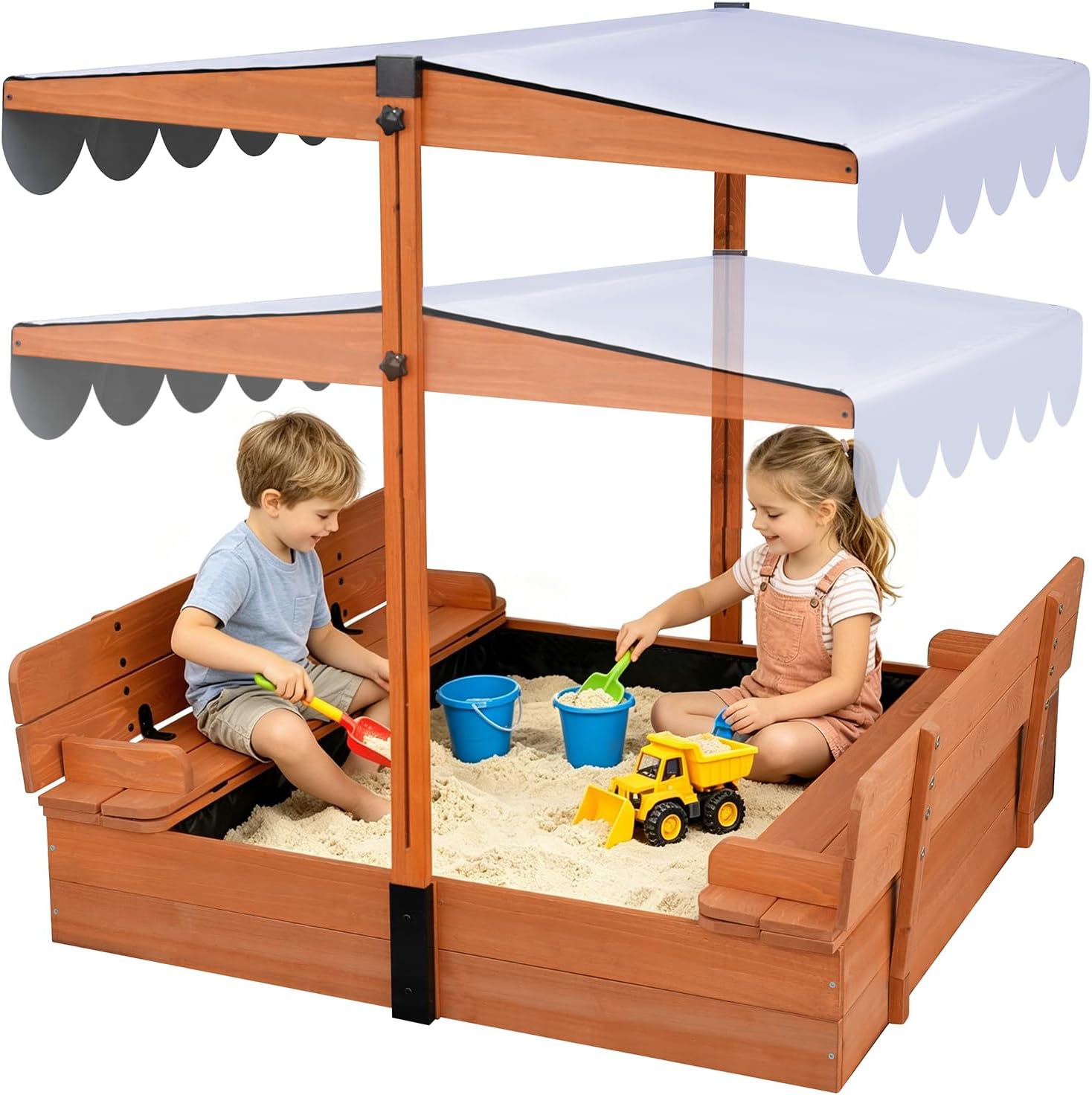FunXplore Wooden Kids Sandbox with Lid & Canopy, Outdoor Sand Pit with Cover & Adjustable Roof, 2 Foldable Benches, Bottom Liner, Backyard Play Equipment for Ages 4-8, Brown