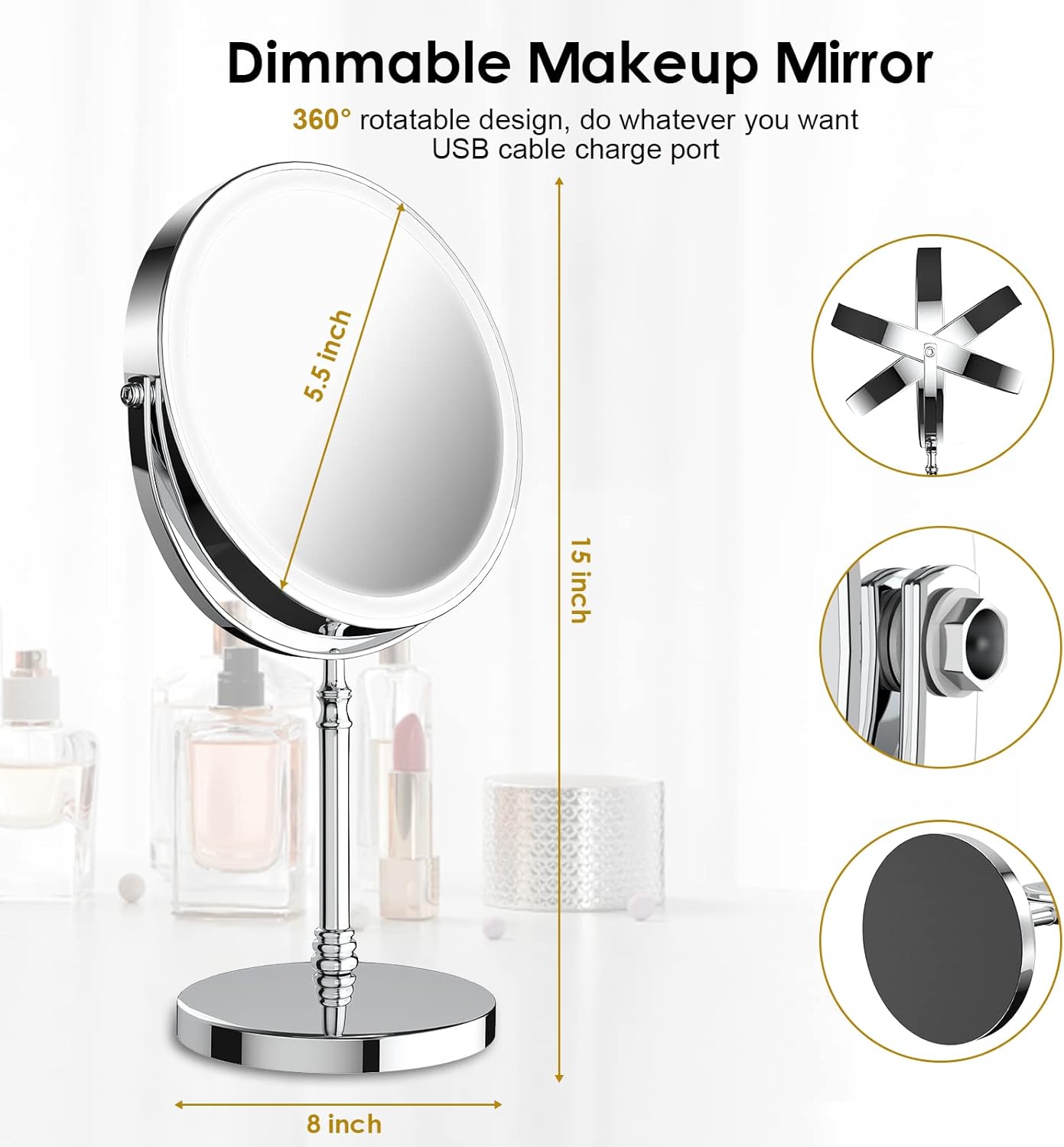 Lighted Makeup Mirror, 8" Rechargeable Double Sided Magnifying Mirror with 3 Colors, 1x/10x 360° Rotation Touch Screen Vanity Mirror, Brightness Adjustable Magnification Cosmetic Light up Mirror -