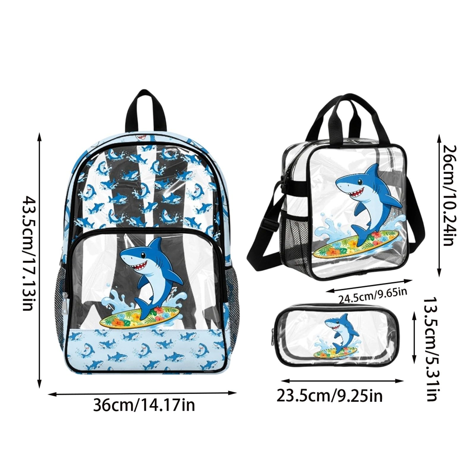 Juego de mochila transparente para niños y niñas con bolsa de almuerzo, estuche para lápices, mochila escolar duradera, paquete de 3 piezas, cómoda y ligera, c, Talla única, Clásico