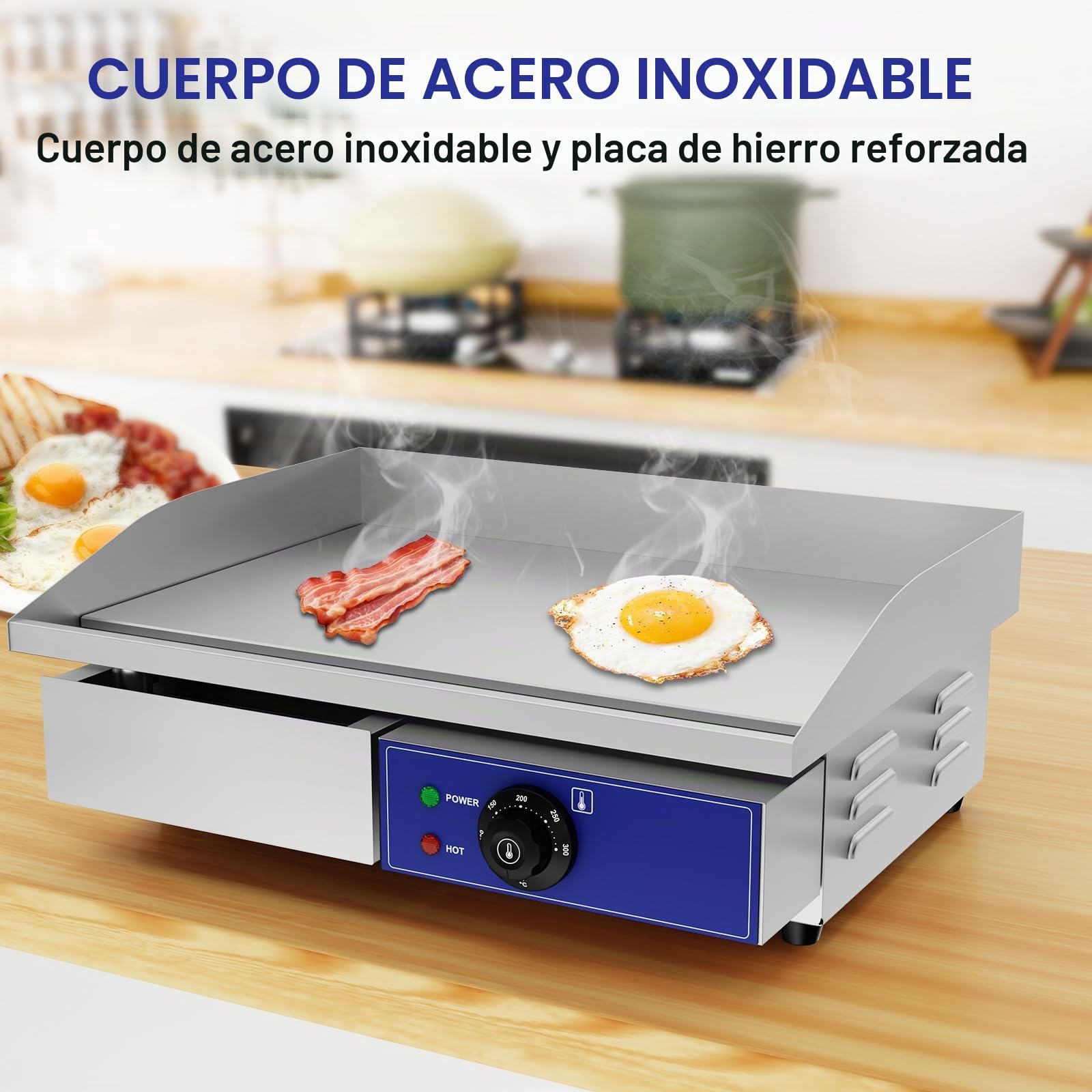 TAIMIKO - Plancha eléctrica profesional de 55 x 35,5 cm, placa de cocción lisa, 2 zonas de cocción 3000 W, plancha comercial para barbacoa de acero inoxidable, parrilla posable con termostato y