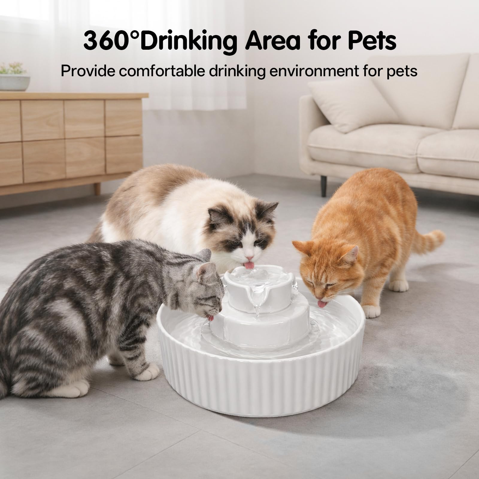 Fontana per gatti in ceramica, 2,1 l, per gatti, in ceramica, silenziosa, con filtro ai carboni attivi, per più animali domestici, colore bianco