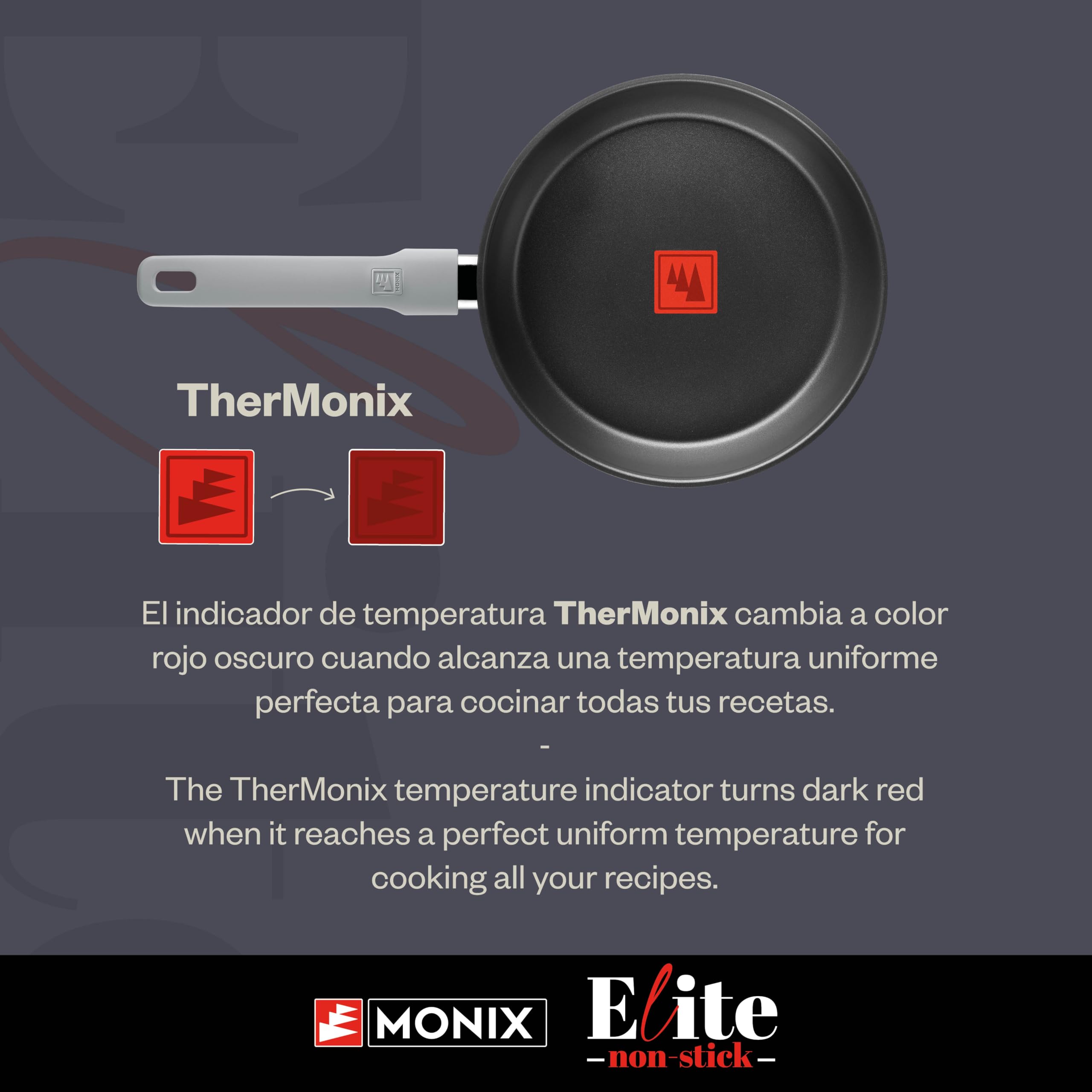 Monix Elite Non Stick | Set 3 sartenes 20-24-26 cm, acero inoxidable 18/10, Antiadherente Tricapa Sin PFOA, Indicador de Temperatura TherMonix, Mango ergonómico softouch