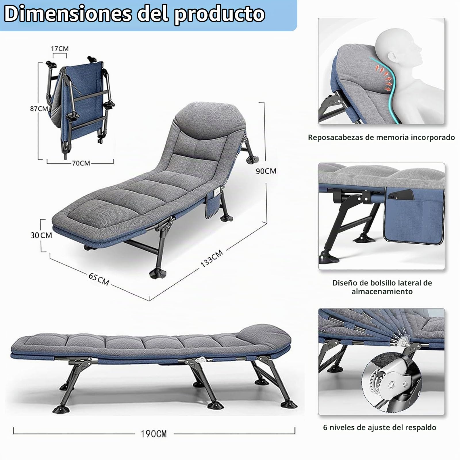 Tumbona plegable con colchón, cama de camping con 5 niveles ajustables, tumbona de camping plegable, extra ancha hasta 150 kg, tumbona de jardín para exteriores, camping, viajes, 190 x 67 x 38