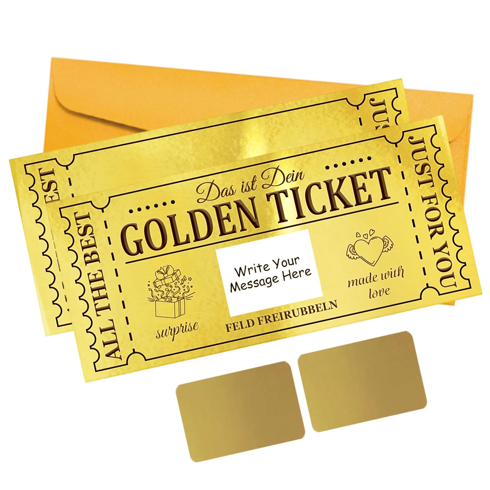 PLIGREAT 2 Pack Golden Ticket Scratch Off Cards with Envelopes Love Heart Design DIY Your Own Surprise Reveal Cards Scratch Off Tickets with Stickers for Birthday Voucher Gift Party Activity Supplies — image 1