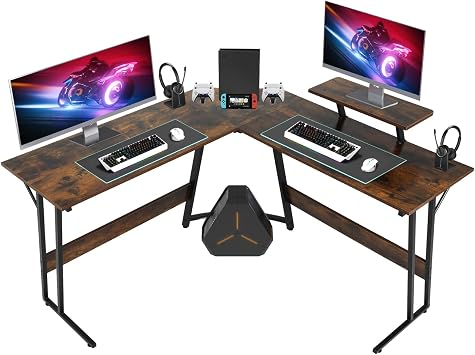 L-Shaped Gaming Desk - Corner Computer Desk with Large Monitor Stand, Sturdy Workstation for Home Office, Writing & PC Gaming Large Desktop Space, Ergonomic Design Brown