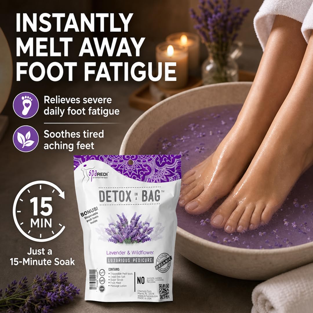SPA REDI Detox Pedicure Foot Soak – Lavender Foot Soak for Callus Softening & Foot Fatigue Relief | Pre-Portioned TSA-Friendly Pack | DIY Pedicure Prep | Made in USA | 3.84 oz