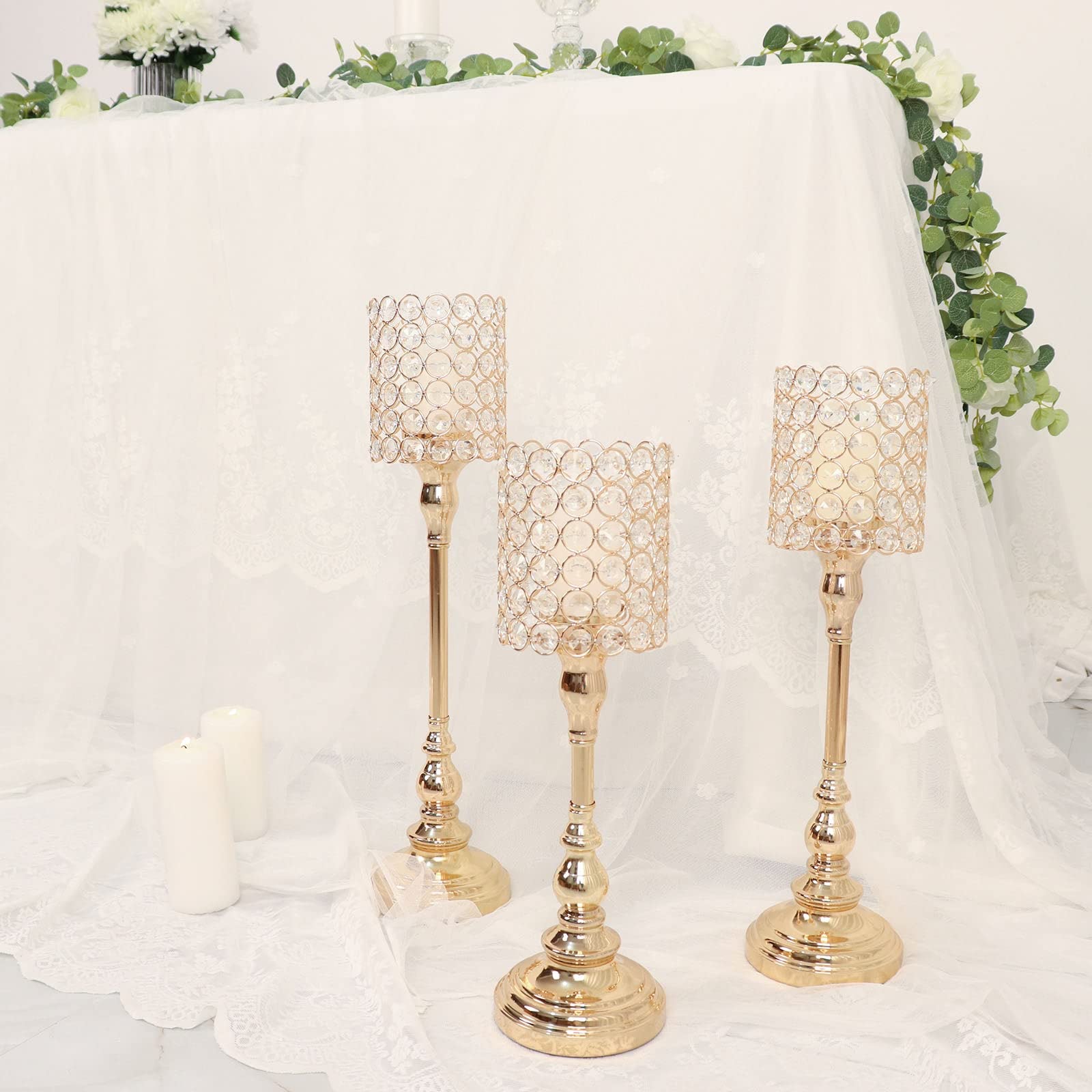 TABLECLOTHSFACTORY Set of 3 | Gold Crystal Beaded Goblet Votive Candle Holder Centerpieces, Tea Light Candle Stands - 18