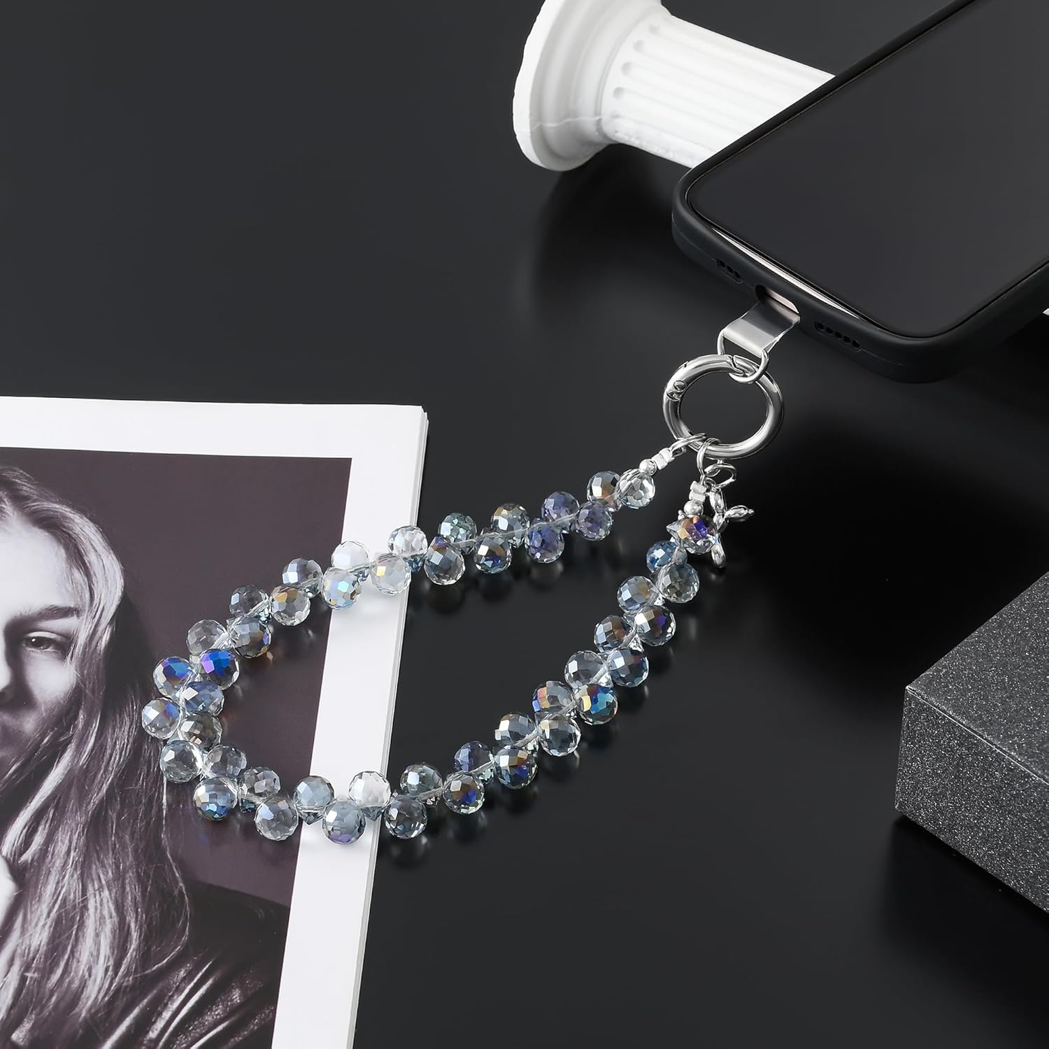 Crystal Phone Wrist Strap Phone Charm Chain Keychain Beaded Cellphone Lanyard with Tether Tab Hands-Free Wristlet Bracelet Wrist Grip Strap for Women, D-Light Blue - Image 3