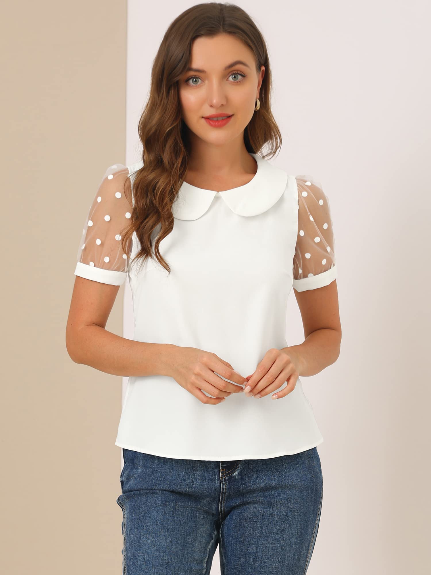Allegra K Damen Puffärmel Vintage Bubikragen Oberteil Mesh Polka Punkte Top Bluse