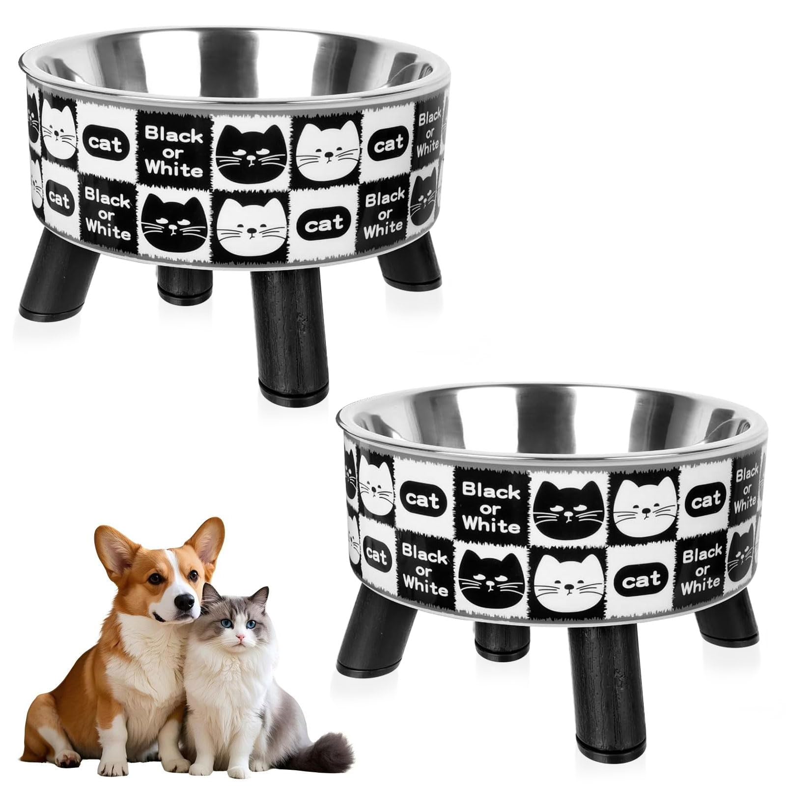 2PCS Raised Cat Bowl Set - Stainless Steel Food Water Dishes With Non Slip Stand, Raised Cat Food & Water Bowls with Stand, Wide Raised Stainless Steel Pet Dishes