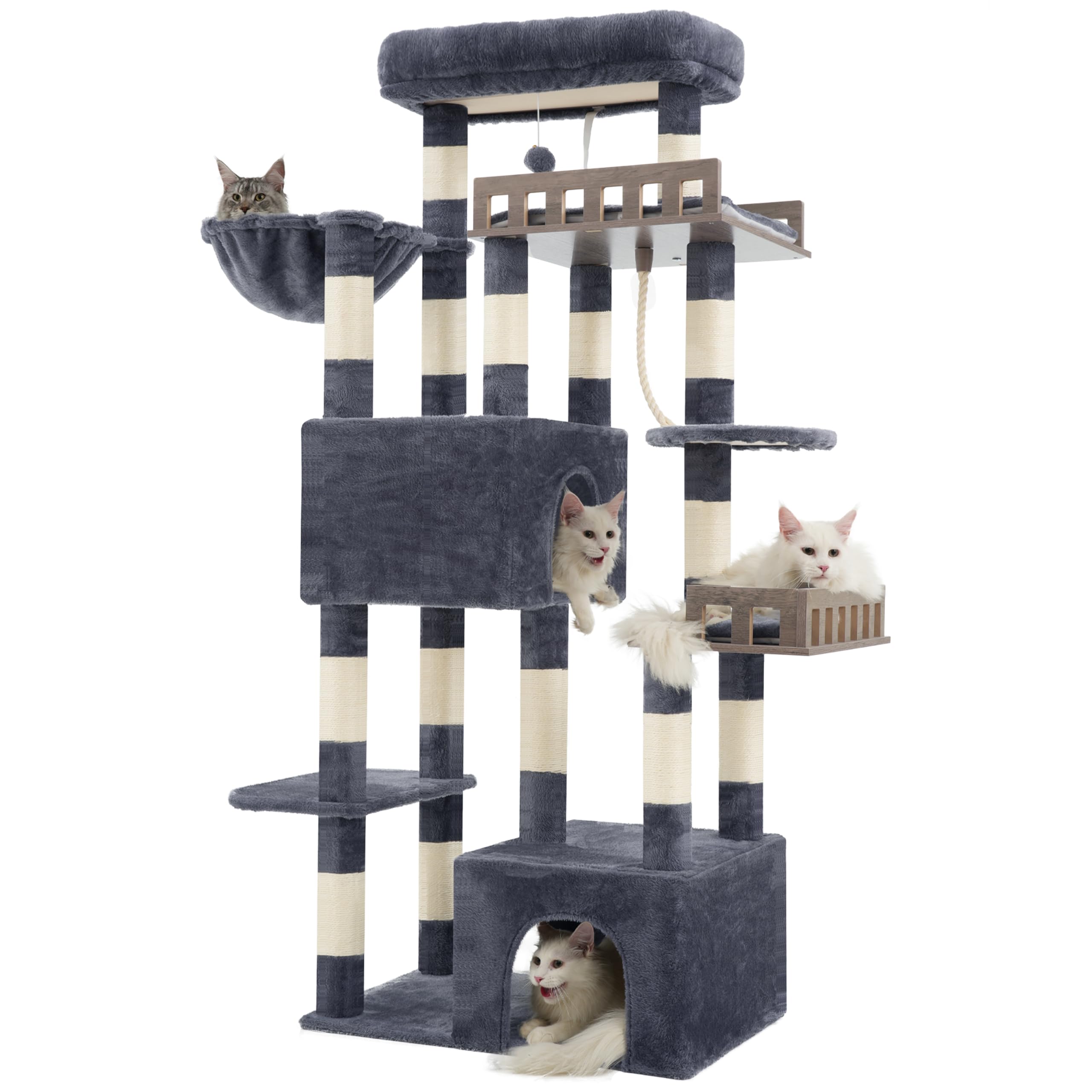 Gitelsnour rascador para Gatos Grandes, árbol para Gatos de 174 cm de Altura, con 2 Plataformas Colgantes Grandes, 2 Casitas para Gatos de Interior, 15 rascadores, Gris Ahumado GCT033G