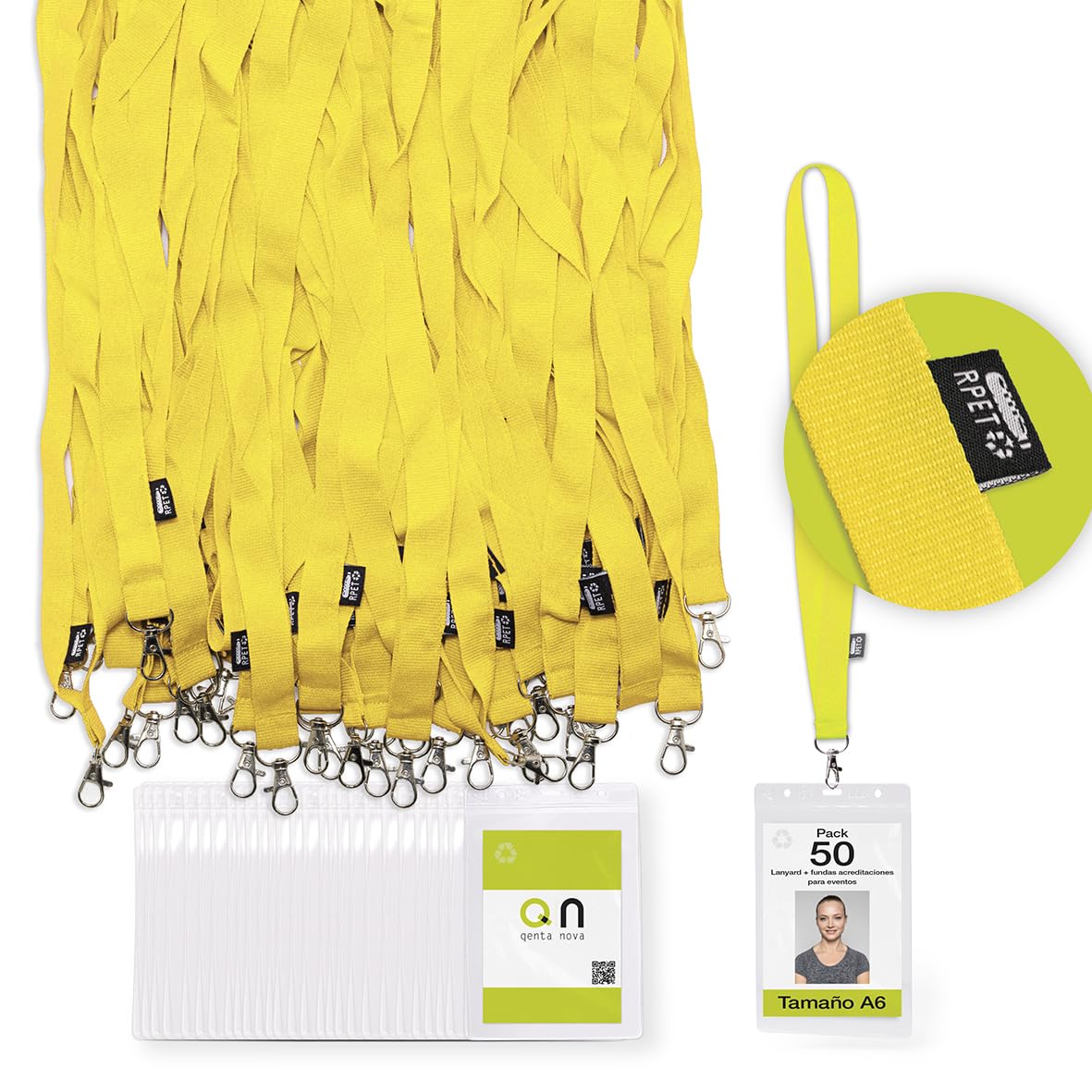 Lot de 50 porte-badges A6 format A6 recyclé - Porte-badge transparent avec cordon en matériau recyclé (Jaune)