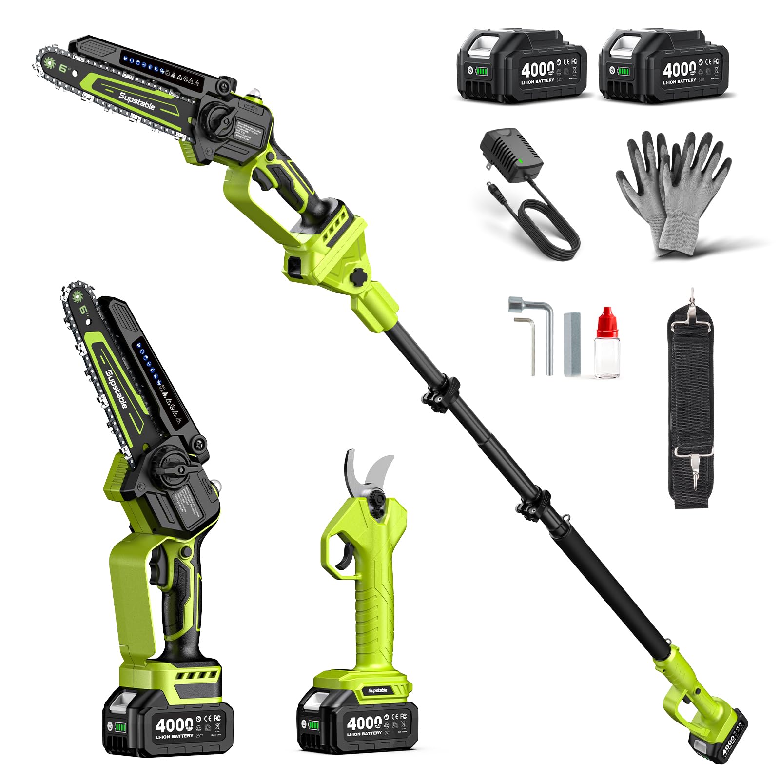 Supstable 4-in-1 Pole Saw &amp; Pruning Shears Combo Kit, 6 Inch Mini Chainsaw for Tree Trimming, Battery Powered Chain Saw with Extension Pole, Limb Branch Cutter Pruner with 2 x 4000mAh Batteries