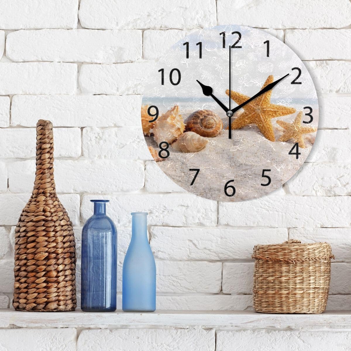 ABLINK Seashells on Ocean Beach Round Wall Clock, Silent Non Ticking Oil Painting Home Office School Decorative Clock Art