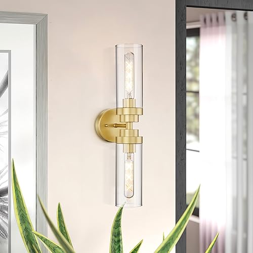 Miniatura 7 de Emak Moderna lámpara dorada de 22 pulgadas para espejo de baño, luces cilíndricas de tocador para espejo, apliques de pared de 2 luces con vidrio