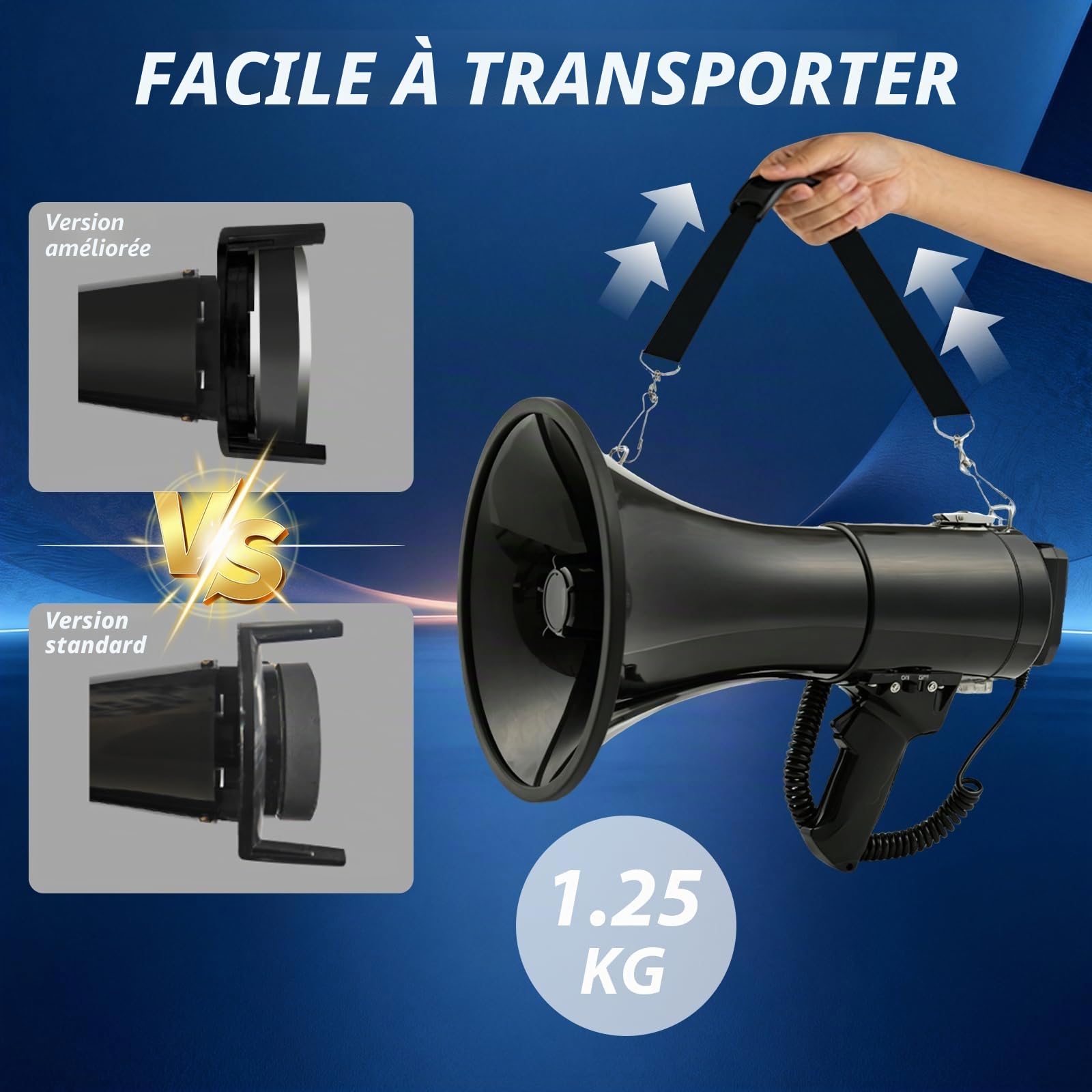 Mégaphone avec Bluetooth & Sirène, Portée de 2000m, Mégaphone Portatif avec Microphone Amovible, Haut-Parleur Rechargeable avec Sirène pour Événements Extérieurs, Contrôle de Foules, Sport