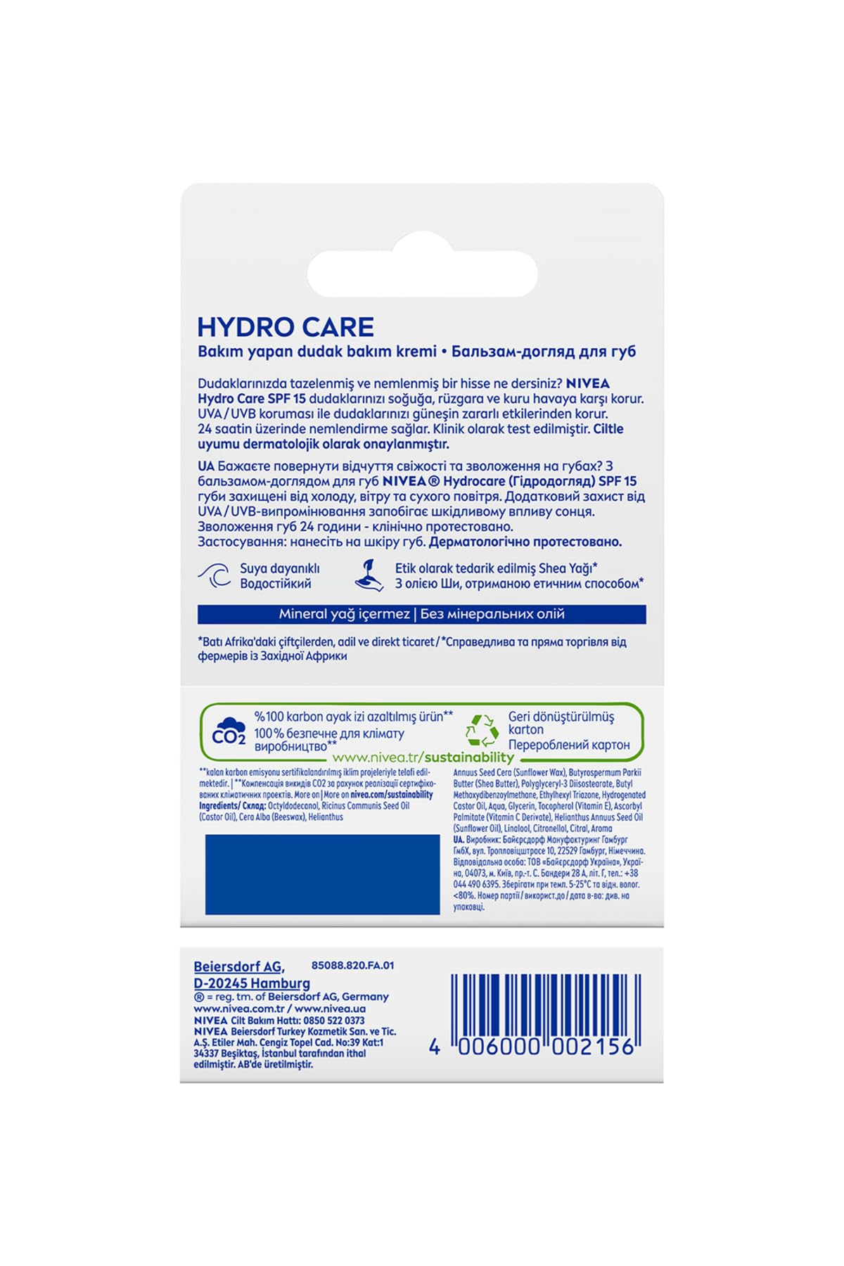 NIVEA Renksiz Dudak Bakım Kremi Hydro Care 4.8gr, 24 Saat Nemlendirici, SPF15 Güneş Koruyucu, X3 Adet