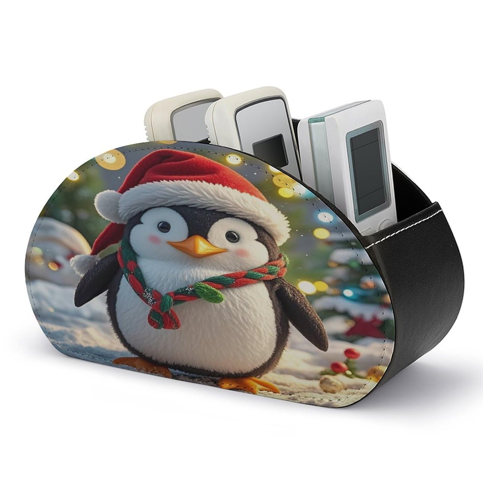 FekiLoot Leather TV Remote Control Holder with 5 Compartments Multifunctional TV Remote Holder Bedside Table Remote Caddy Storage Box Christmas Funny Penguin Remote Organizer for Home Office