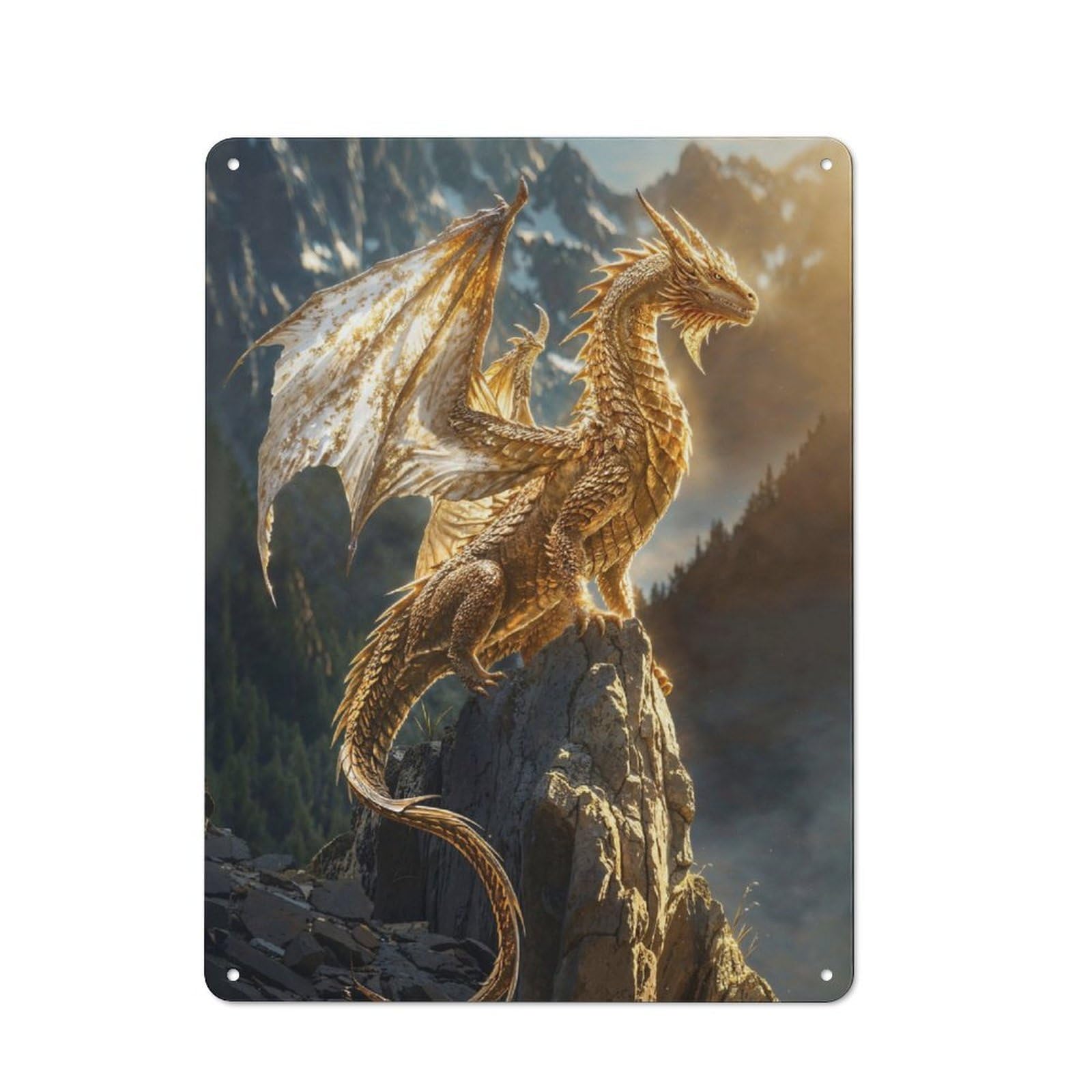 Rustic Golden Sunbeam Dragon Tin Wall Plaque 40x30cm, Rustic Kitchen Decor for Cottage, Kitchen, Hallway Or Breakfast Nook