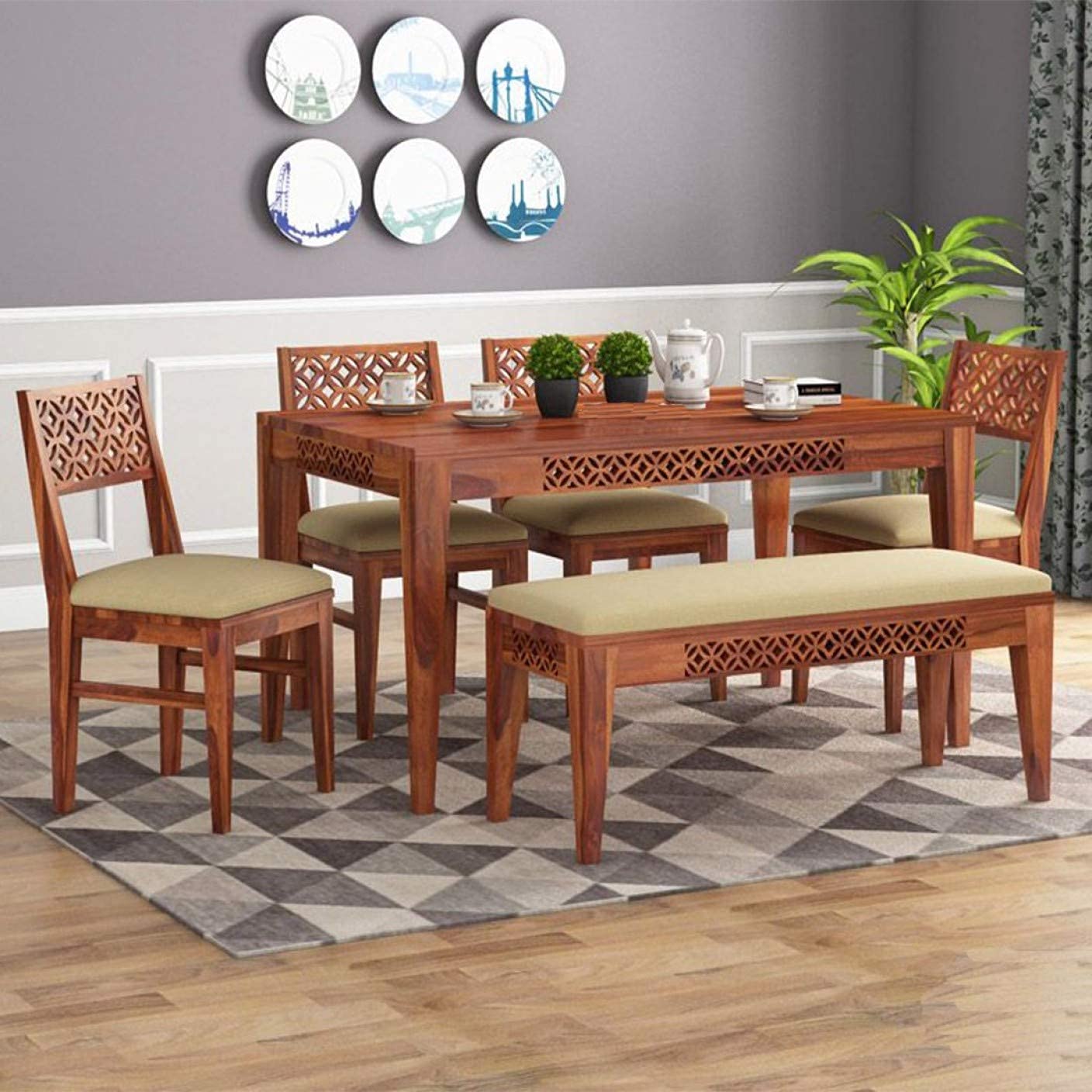 MH DECOART Sheesham Wood Dining Table Set with 4 Chair and 1 Bench Dining Room Furniture Wooden 6 Seater Dinner Table for Living Room Hotels Restaurants (Honey Teak Finish) (B098QZVMM5) Amazon Price History, Amazon Price Tracker