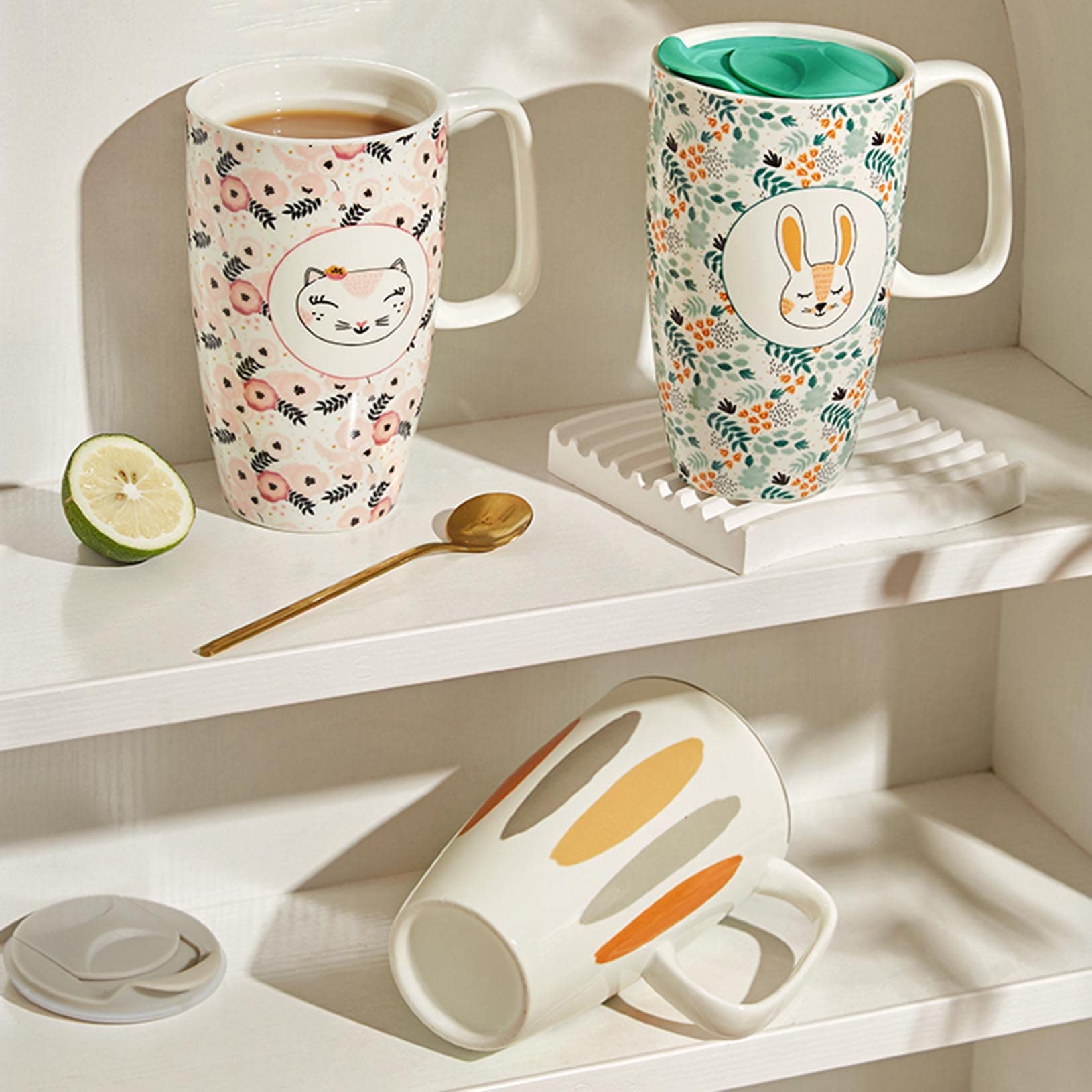 Ceramiczny kubek duży kubek do kawy, wysoki kubek podróżny, porcelana, filiżanka do herbaty latte, filiżanka z pokrywką 20 oz – piękny wybór na prezent ślubny lub prezent walentynkowy, zielony, 600 ml