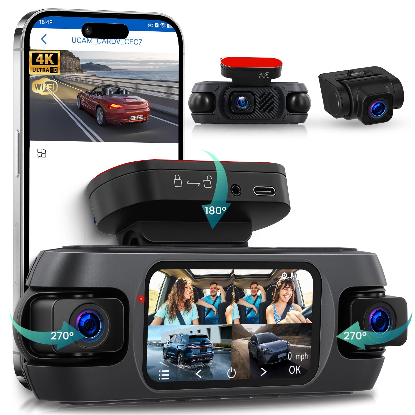 Hodozzy 360° Auto Dashcam 4K mit 5GHz WiFi, 4 Kameras Vorne Hinten, 8 IR-Nachtsicht, 3 Zoll IPS Touchscreen, Loop Aufnahme, G-Sensor, GPS-Ortung,Dash cam mit App-Steuerung