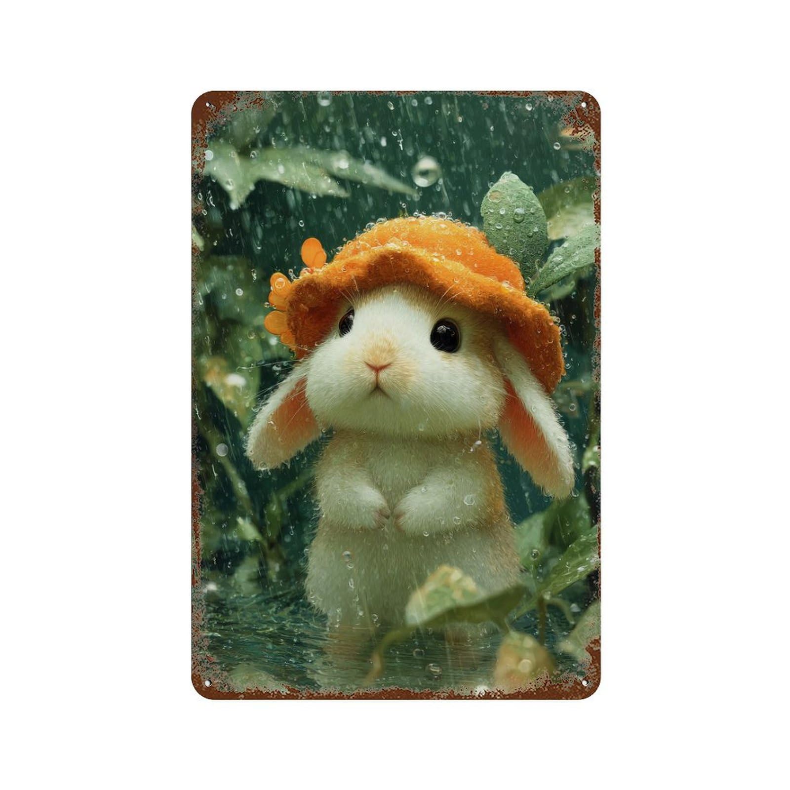 Rainy Day Bunny Weathered Tin Sign 11.8"x7.9", Farmhouse Wall Decor for Garage, Pub Or Kitchen